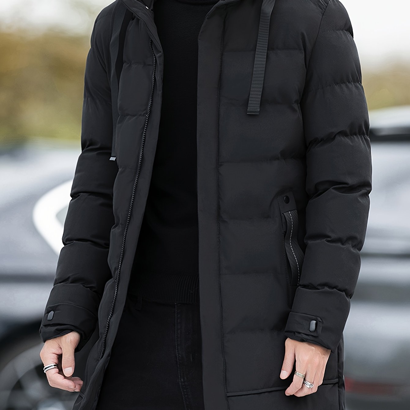 Men's Winter Padded Jacket with Hood - Cold-Weather Coat, Machine Washable Soft Warm Outerwear, -Filled Casual for Everyday & Special Occasions (Solid Color, Pockets)