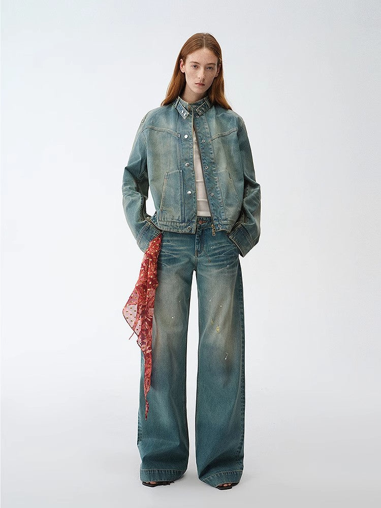 "Climber" leather-coated distressed straight low-rise cotton denim trousers for spring