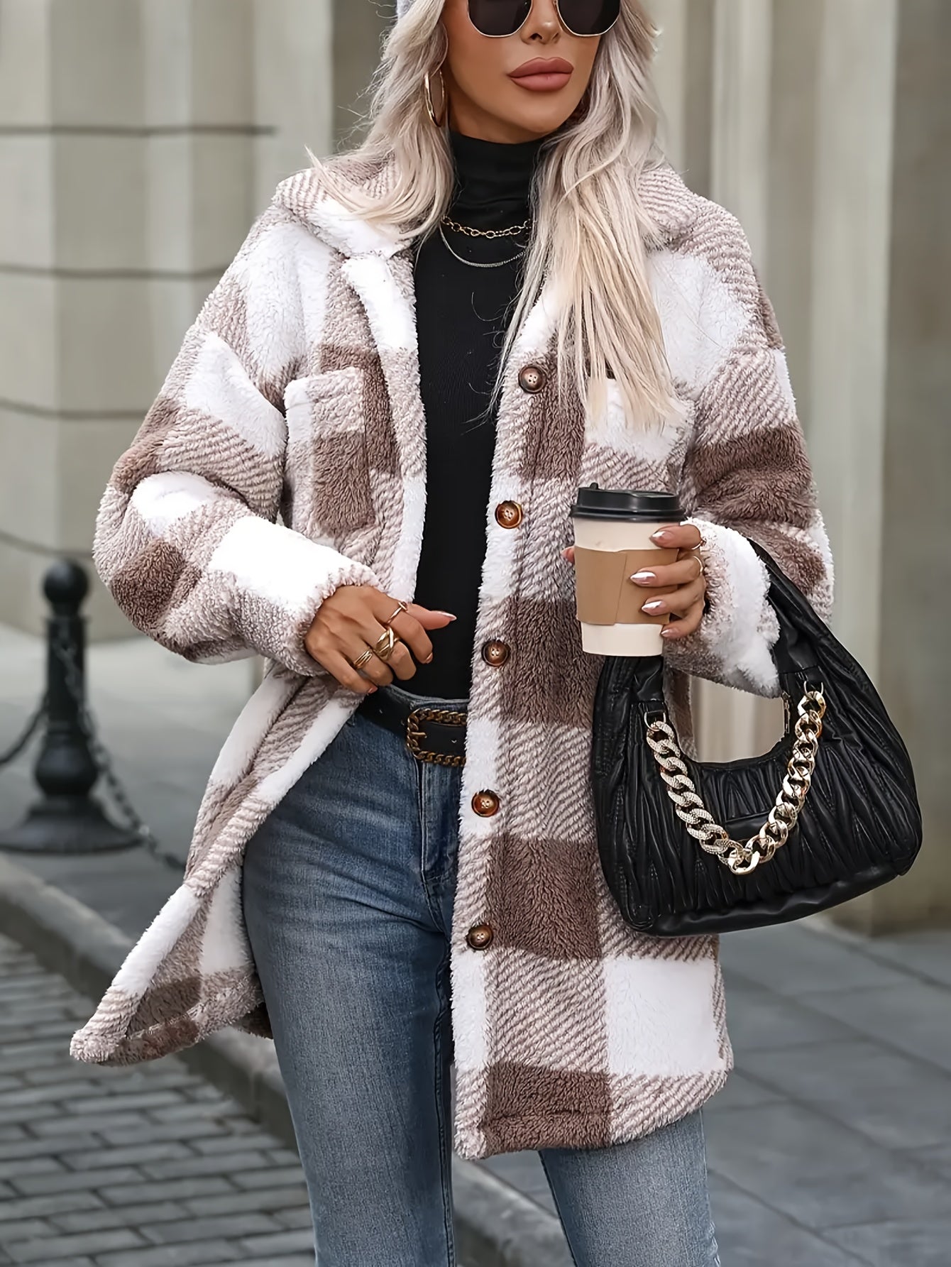 Women's Coat, Elegant Fashionable Jacket for Ladies, Black and White Checkered Drop Shoulder Teddy Bear Plush Women