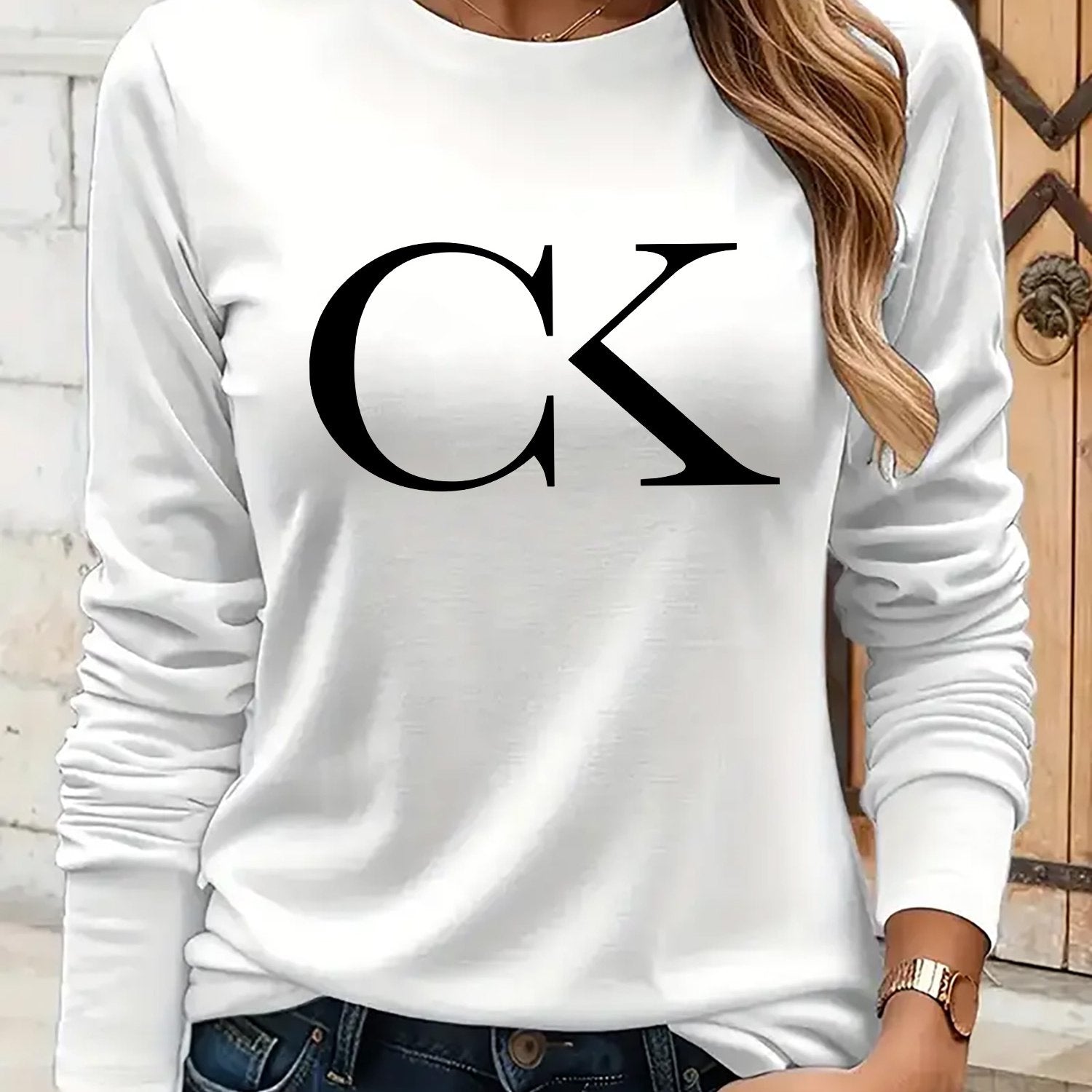 European And Style Women'S And Fashionable Long-Sleeve T-Shirt with Letter Print - Sporty And Casual Style, Minimalist Sportswear, Made of 95% And 5%, 180G, Featuring a Printed Design, Suitable for Autumn And Winter, Comforta
