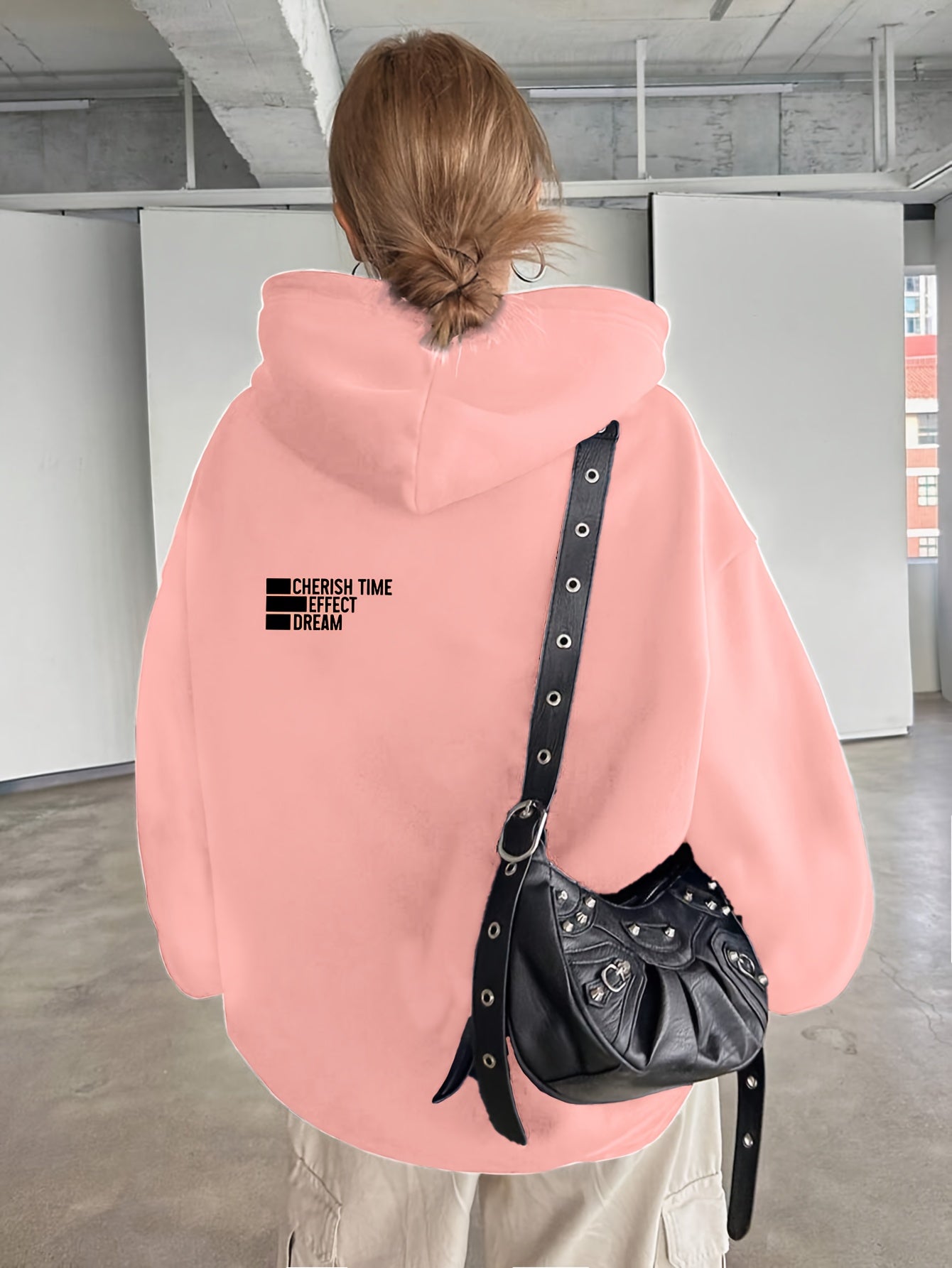 Women'S Light Grey Hooded Sweatshirt with Black Geometric Letter Print - Casual Long Sleeve Pullover, Relaxed Fit, All-Season Versatile Top for Casual Attire, Comfortable Clothing | Hooded Pullover | Structured Design