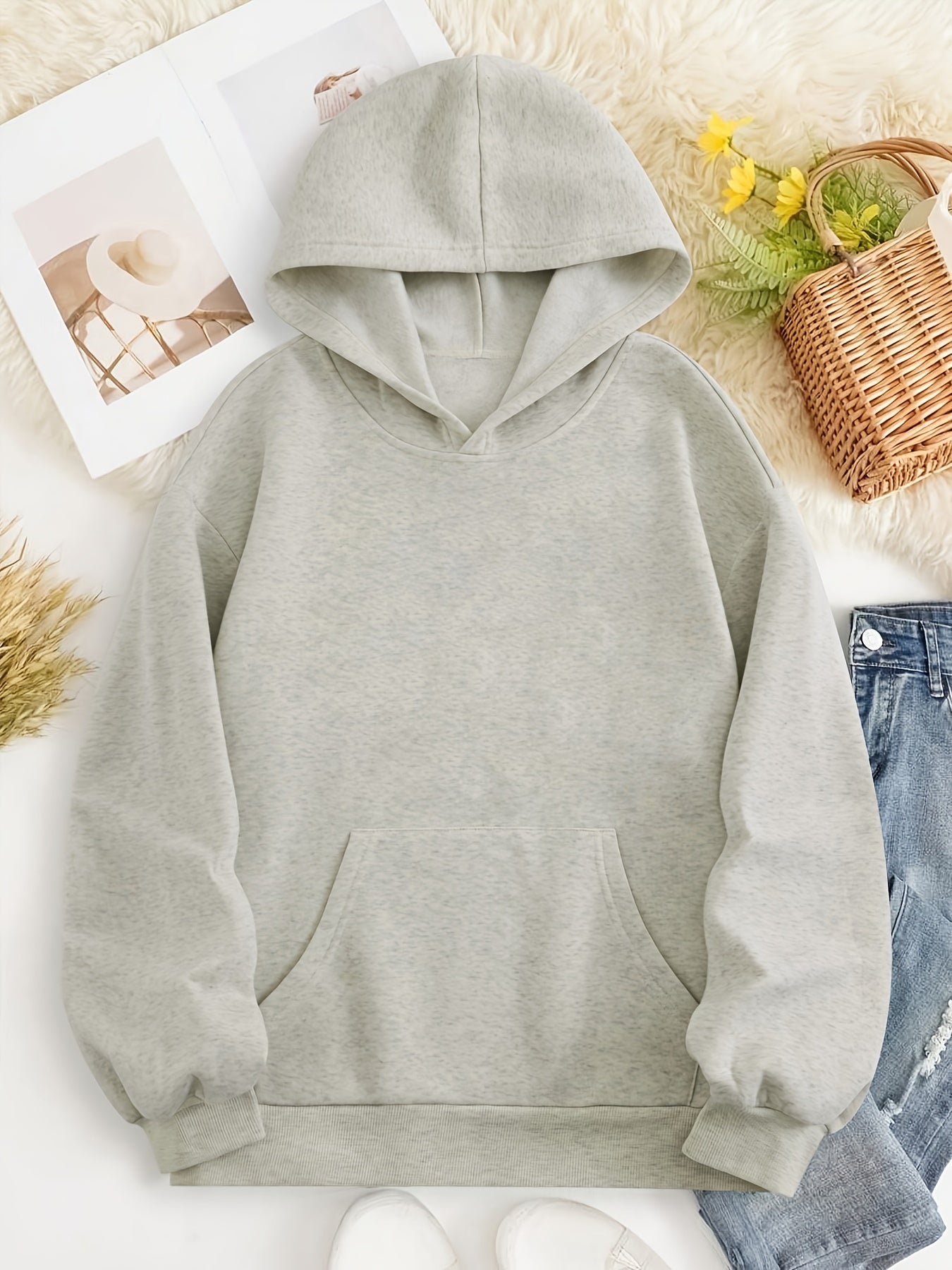 Women'S Light Grey Hooded Sweatshirt with Black Geometric Letter Print - Casual Long Sleeve Pullover, Relaxed Fit, All-Season Versatile Top for Casual Attire, Comfortable Clothing | Hooded Pullover | Structured Design