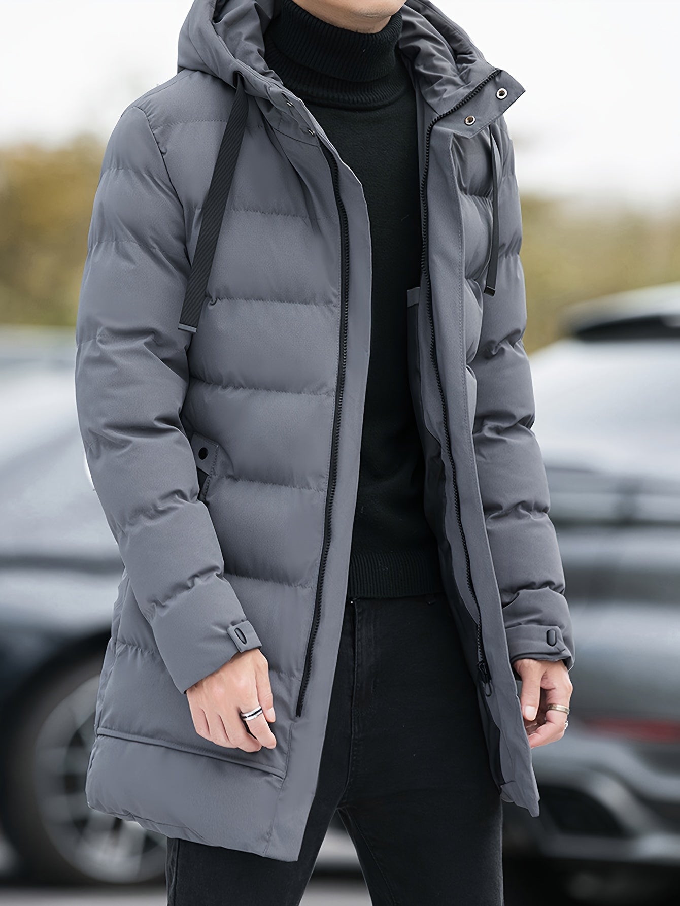 Men's Winter Padded Jacket with Hood - Cold-Weather Coat, Machine Washable Soft Warm Outerwear, -Filled Casual for Everyday & Special Occasions (Solid Color, Pockets)