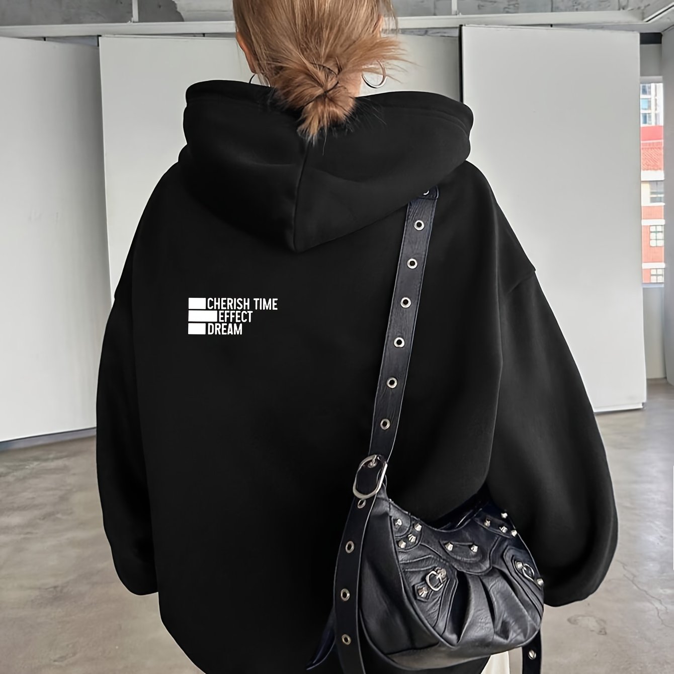 Women'S Light Grey Hooded Sweatshirt with Black Geometric Letter Print - Casual Long Sleeve Pullover, Relaxed Fit, All-Season Versatile Top for Casual Attire, Comfortable Clothing | Hooded Pullover | Structured Design