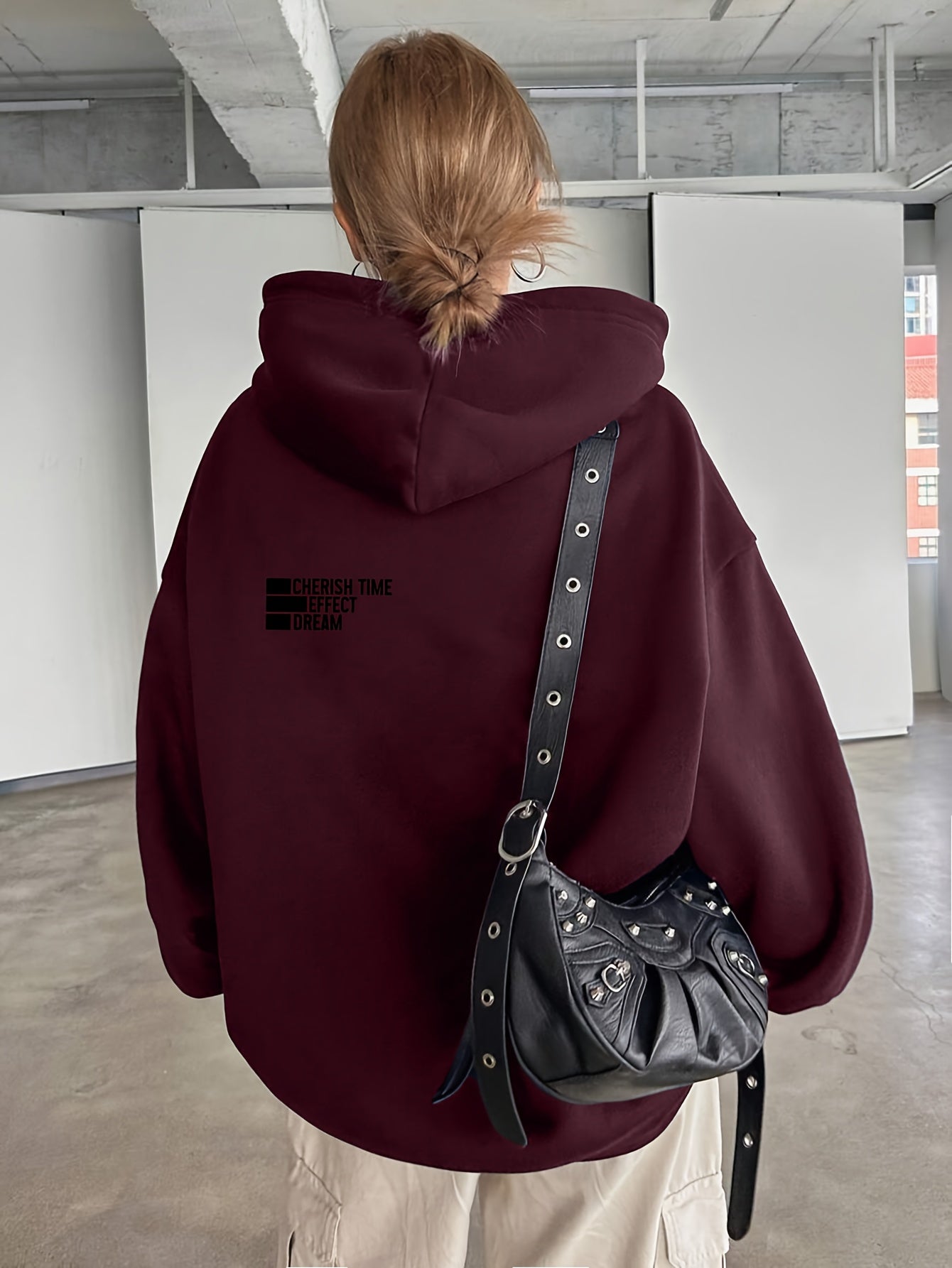 Women'S Light Grey Hooded Sweatshirt with Black Geometric Letter Print - Casual Long Sleeve Pullover, Relaxed Fit, All-Season Versatile Top for Casual Attire, Comfortable Clothing | Hooded Pullover | Structured Design