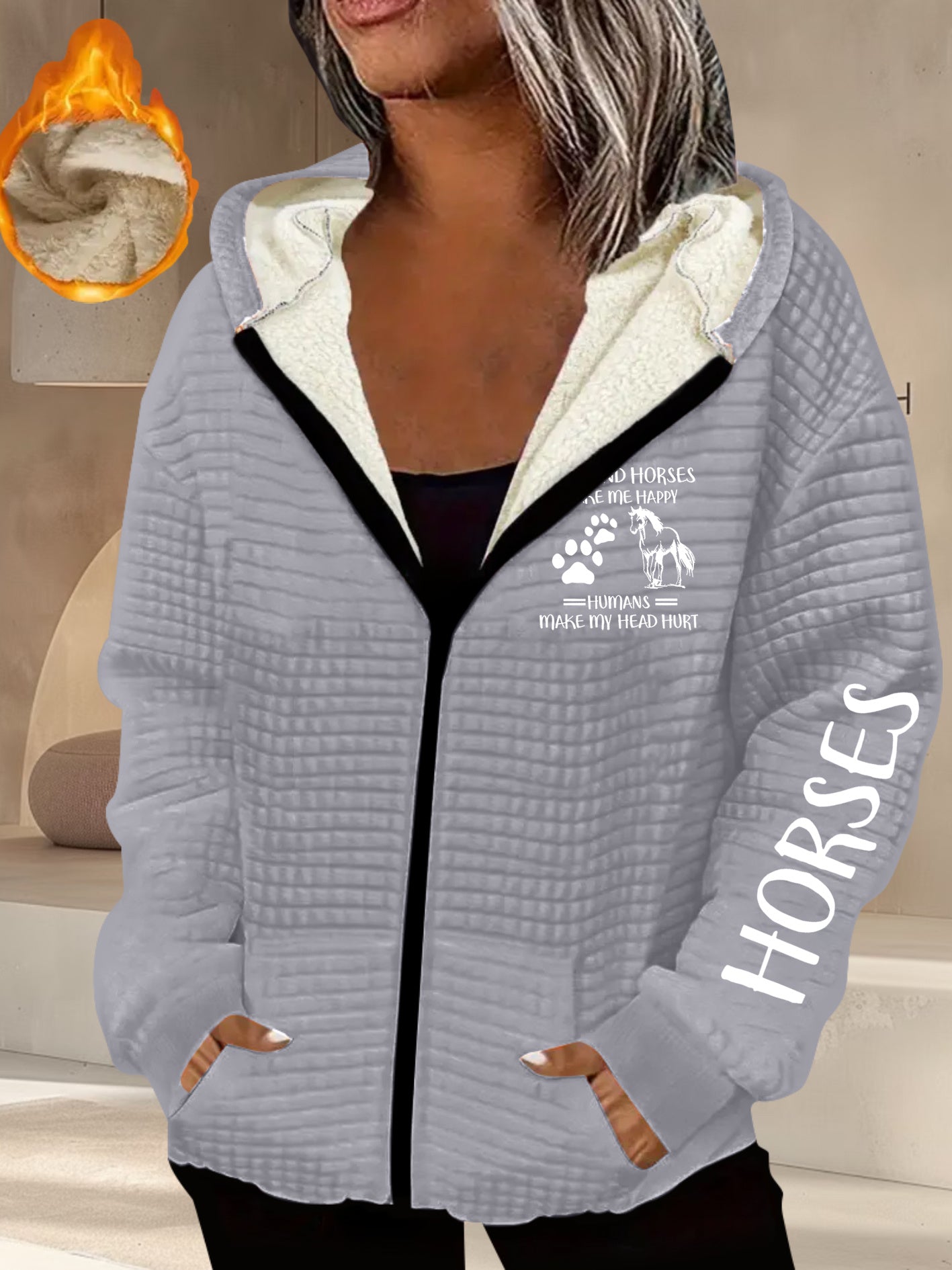 Women's Horse-Themed Hooded Jacket with Horse Racing & Jockey Print - Thick Winter Coat, Zippered Pockets, Machine Washable Polyester-Like Outerwear for Equestrian Events & Casual Wear (Grey/Black)