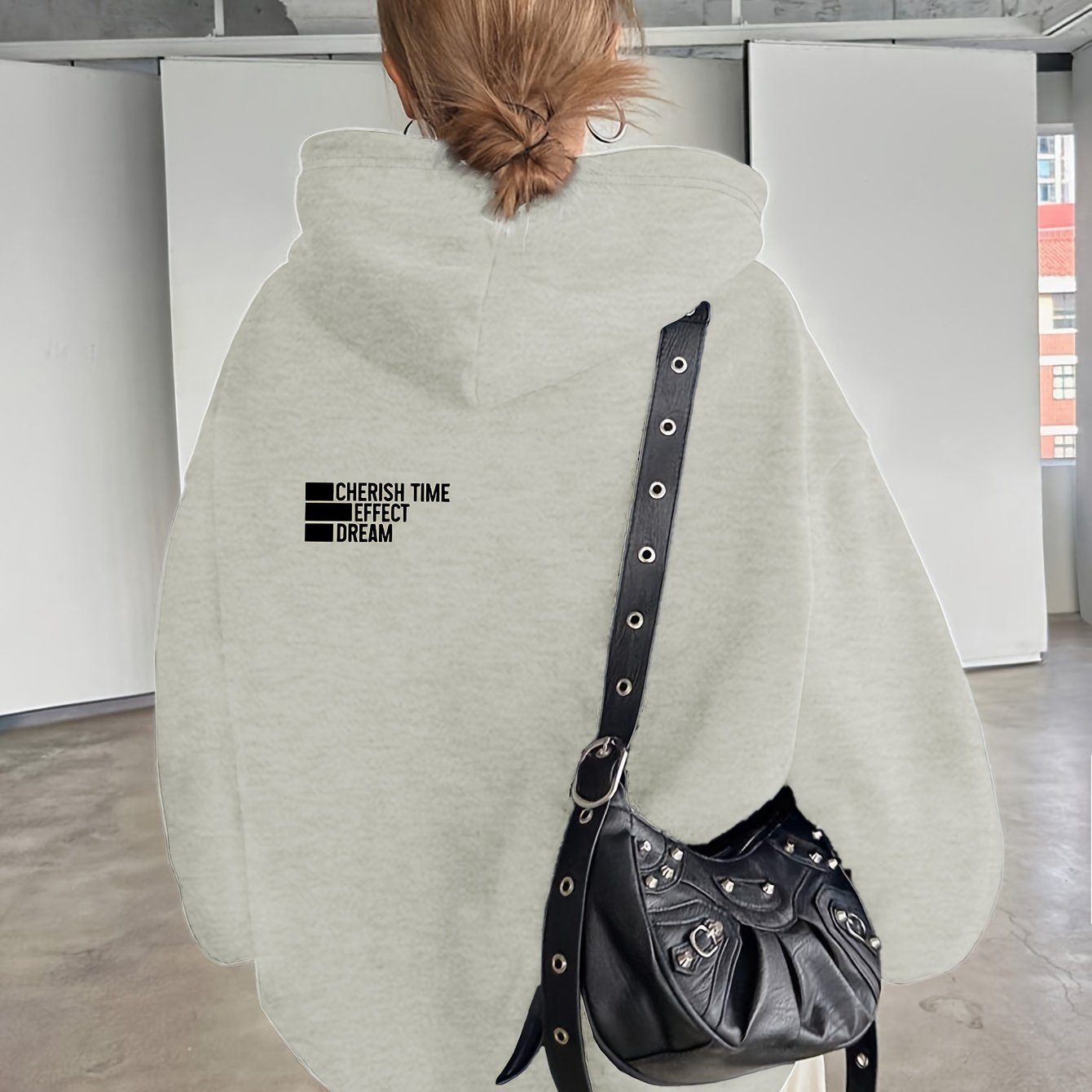 Women'S Light Grey Hooded Sweatshirt with Black Geometric Letter Print - Casual Long Sleeve Pullover, Relaxed Fit, All-Season Versatile Top for Casual Attire, Comfortable Clothing | Hooded Pullover | Structured Design