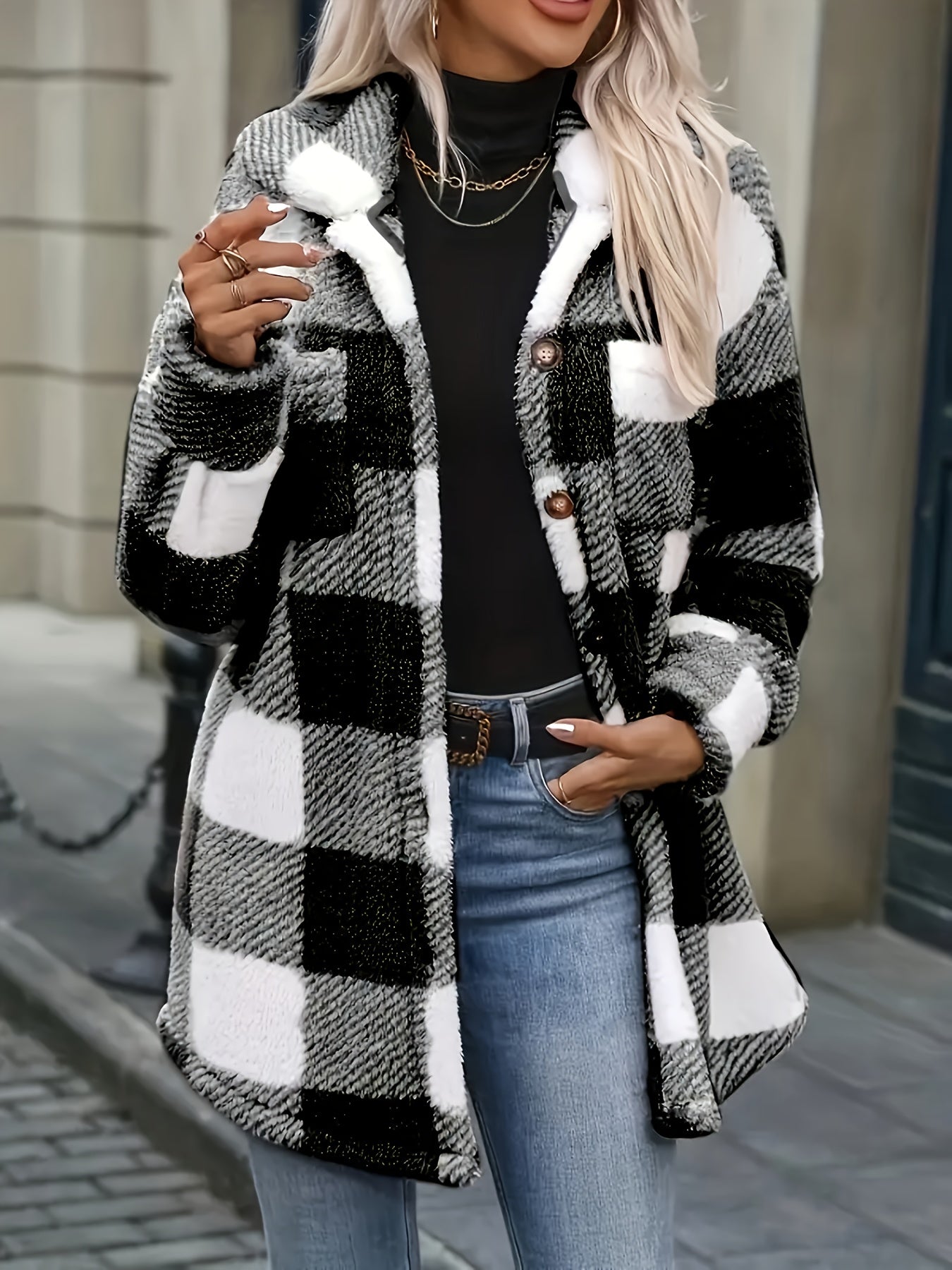 Women's Coat, Elegant Fashionable Jacket for Ladies, Black and White Checkered Drop Shoulder Teddy Bear Plush Women