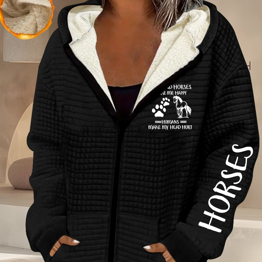 Women's Horse-Themed Hooded Jacket with Horse Racing & Jockey Print - Thick Winter Coat, Zippered Pockets, Machine Washable Polyester-Like Outerwear for Equestrian Events & Casual Wear (Grey/Black)