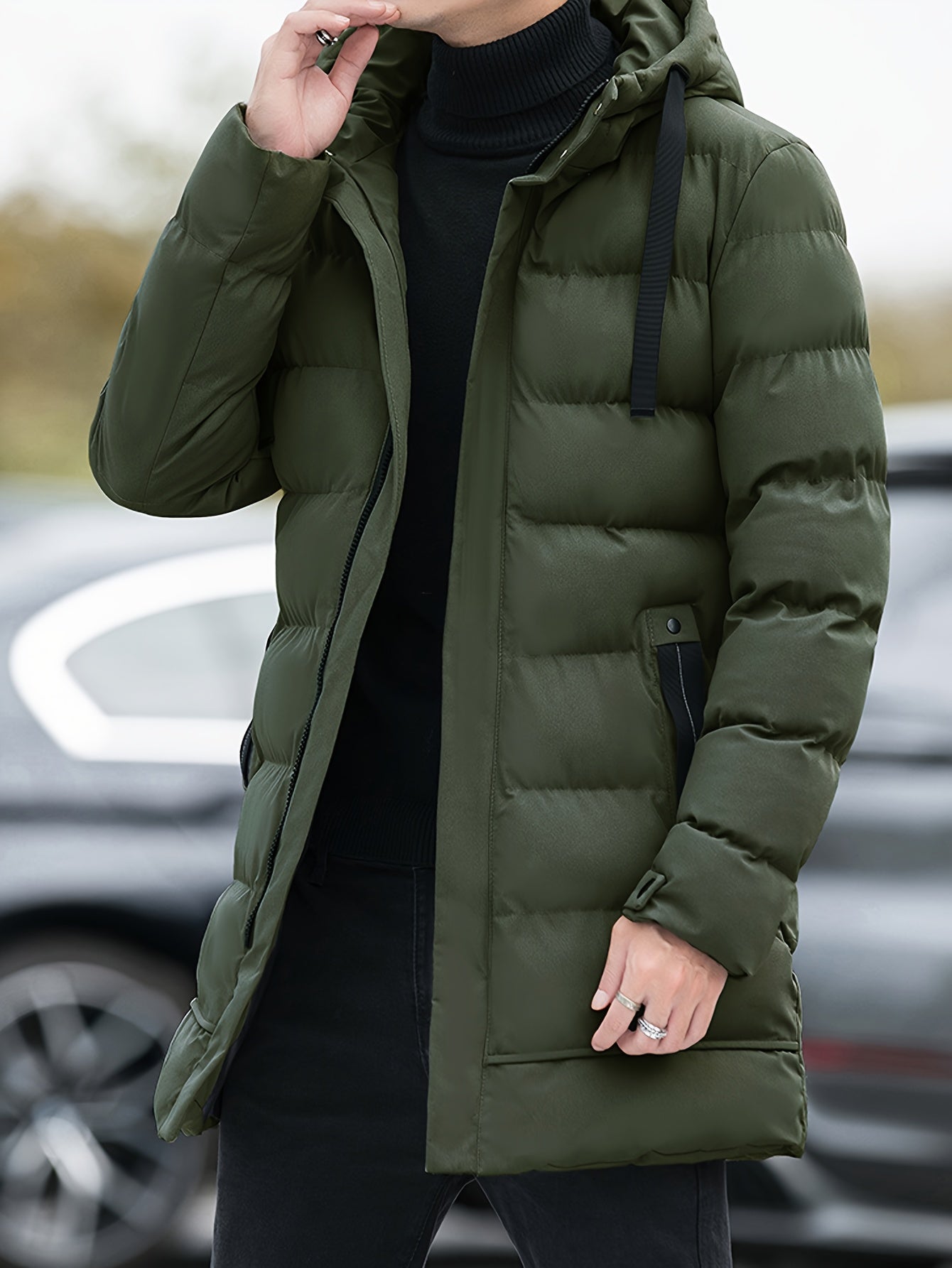 Men's Winter Padded Jacket with Hood - Cold-Weather Coat, Machine Washable Soft Warm Outerwear, -Filled Casual for Everyday & Special Occasions (Solid Color, Pockets)
