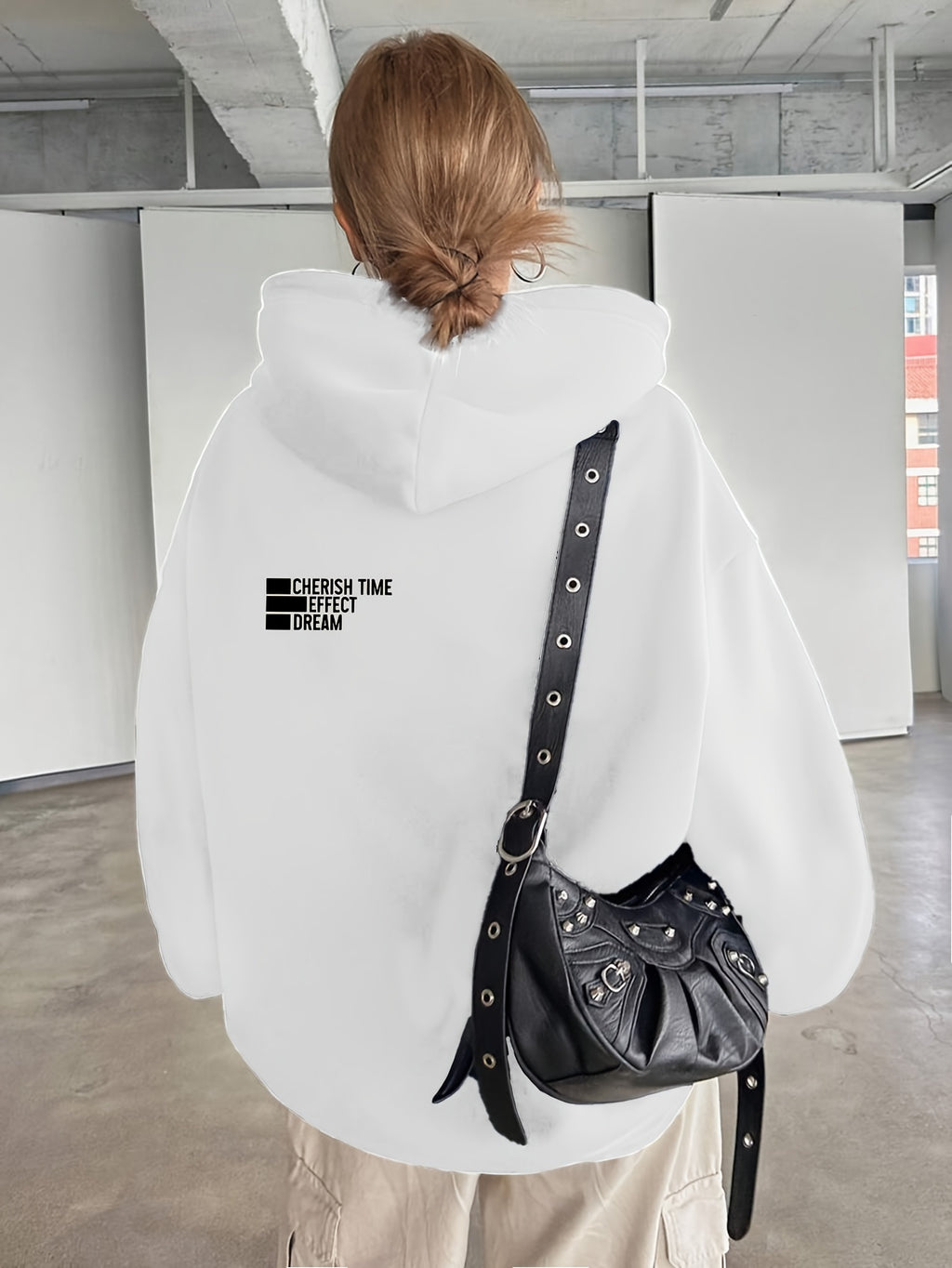 Women'S Light Grey Hooded Sweatshirt with Black Geometric Letter Print - Casual Long Sleeve Pullover, Relaxed Fit, All-Season Versatile Top for Casual Attire, Comfortable Clothing | Hooded Pullover | Structured Design