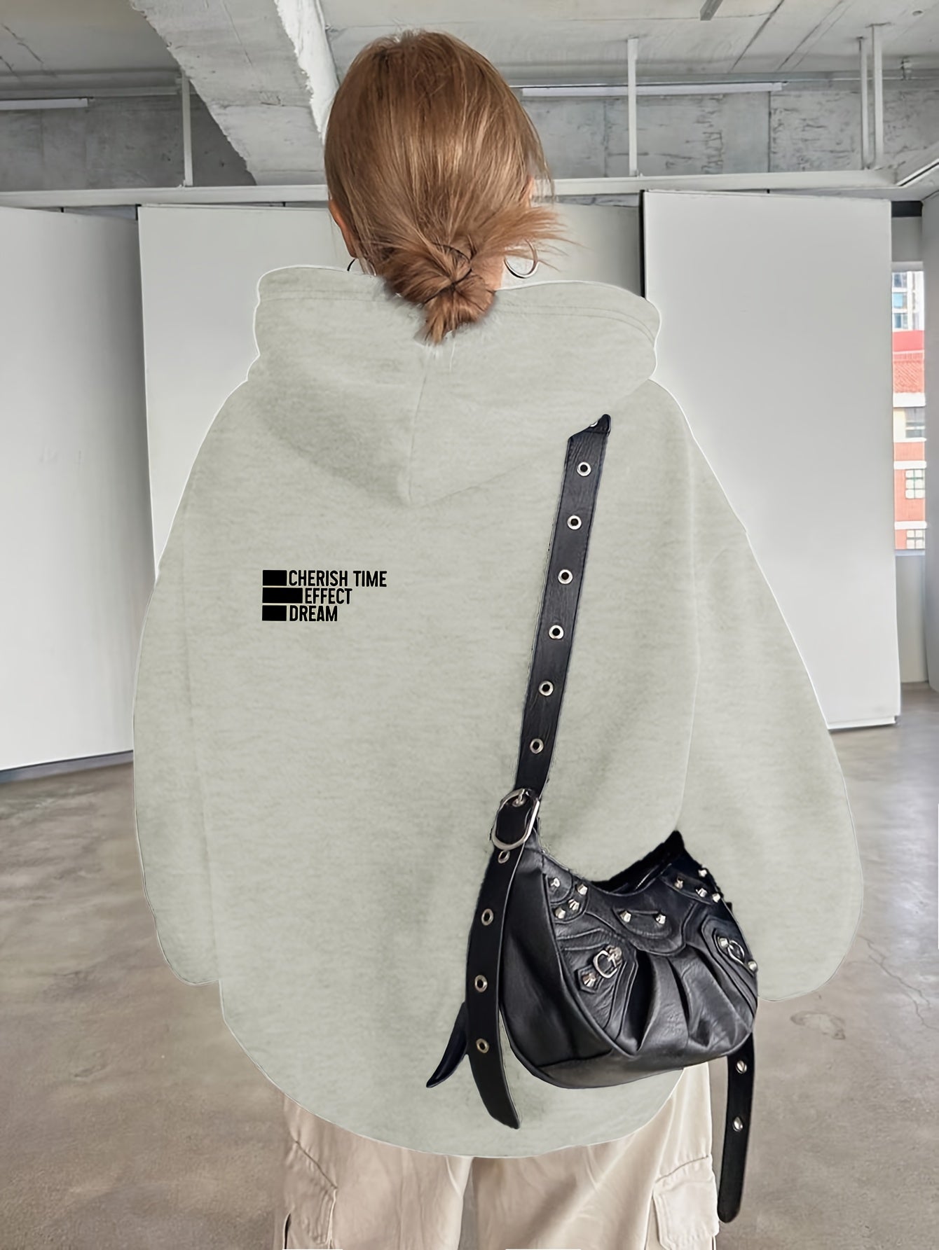 Women'S Light Grey Hooded Sweatshirt with Black Geometric Letter Print - Casual Long Sleeve Pullover, Relaxed Fit, All-Season Versatile Top for Casual Attire, Comfortable Clothing | Hooded Pullover | Structured Design