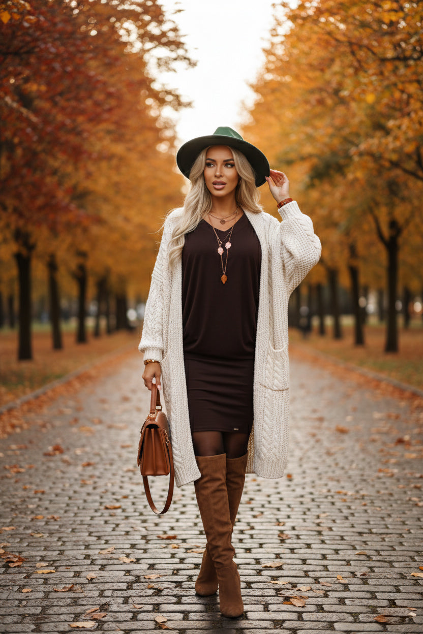 Rochie confortabilă Numoco 402-9 cu mâneci lungi și model aripi de liliac - ciocolatiu 