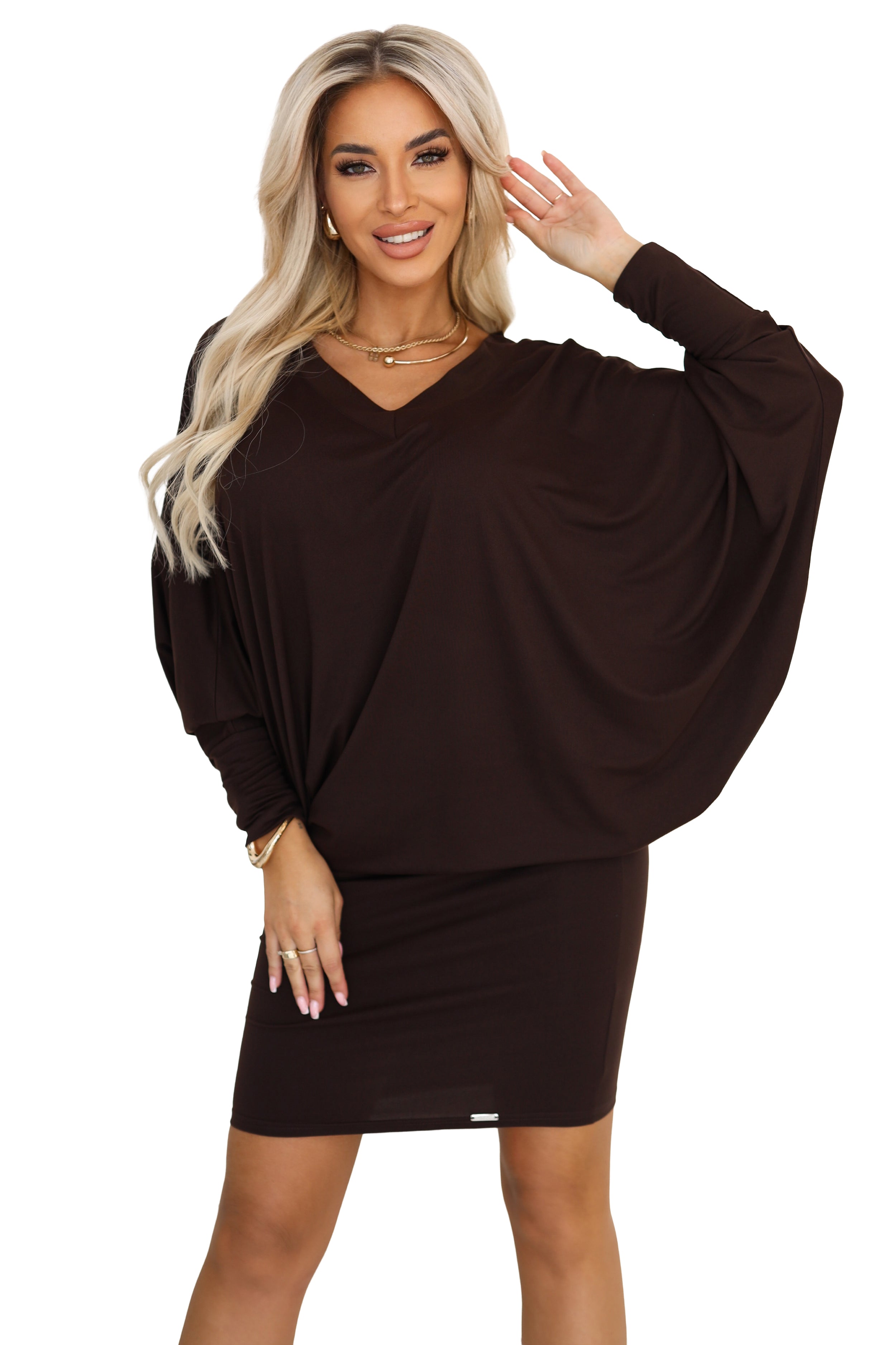 Numoco 402-9 Comfortable batwing dress with long sleeves - chocolate