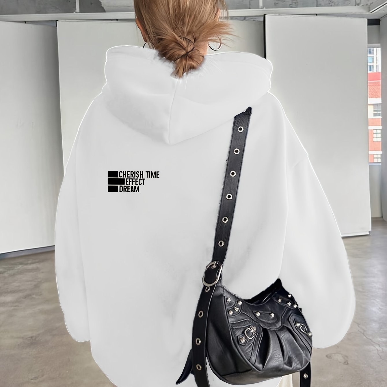 Women'S Light Grey Hooded Sweatshirt with Black Geometric Letter Print - Casual Long Sleeve Pullover, Relaxed Fit, All-Season Versatile Top for Casual Attire, Comfortable Clothing | Hooded Pullover | Structured Design