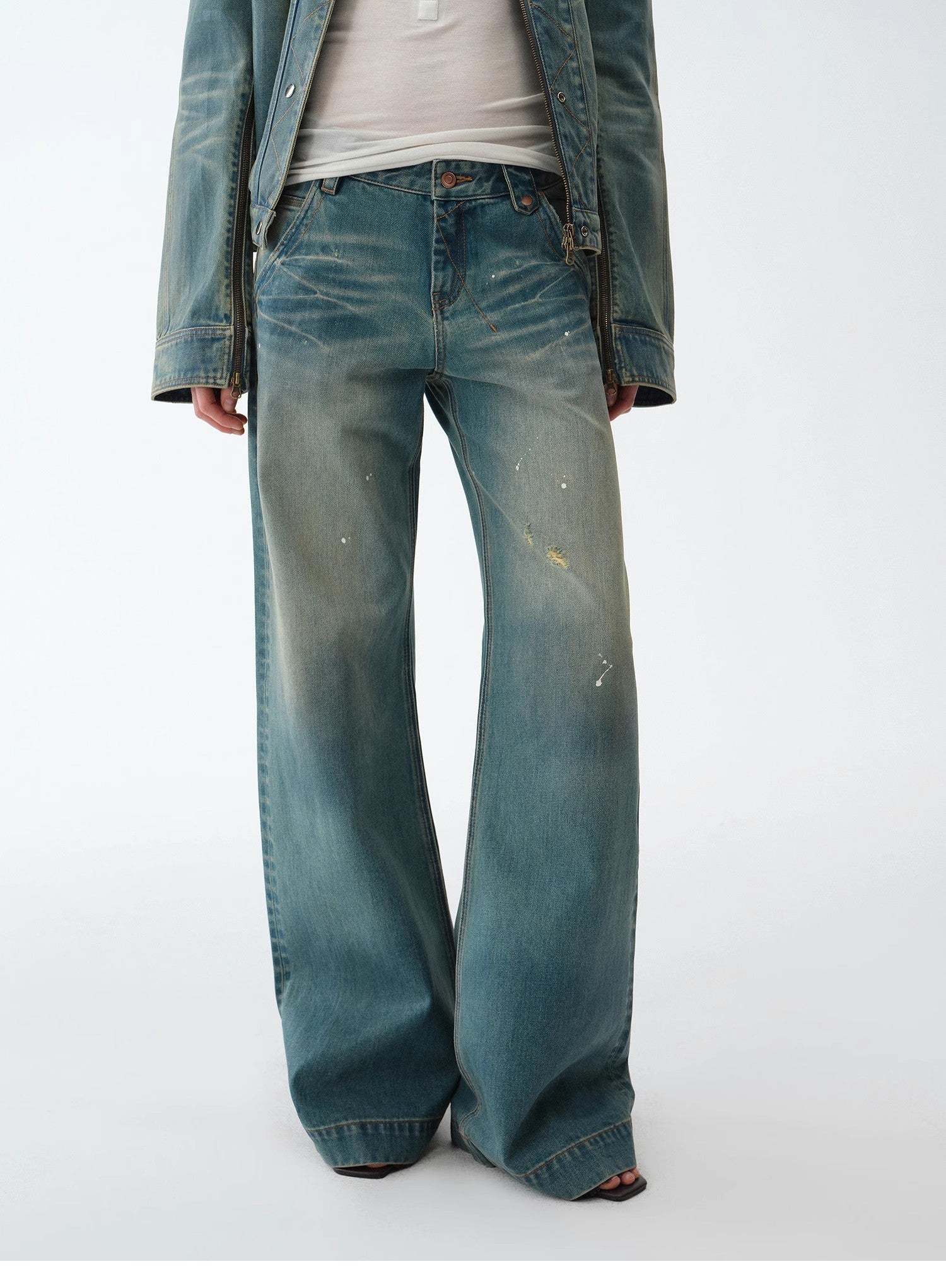 "Climber" leather-coated distressed straight low-rise cotton denim trousers for spring