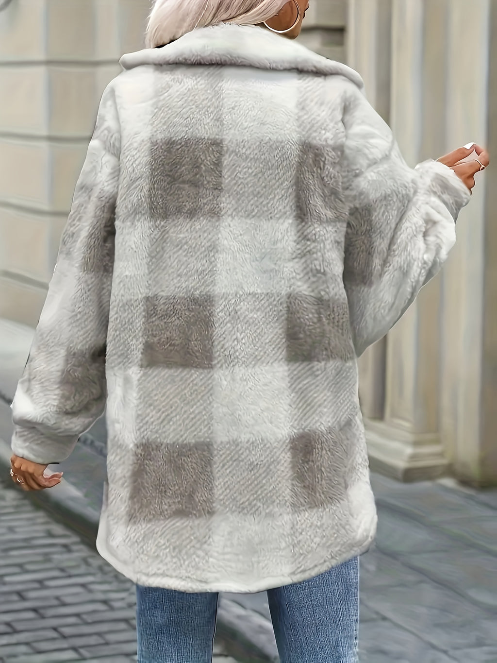 Women's Coat, Elegant Fashionable Jacket for Ladies, Black and White Checkered Drop Shoulder Teddy Bear Plush Women