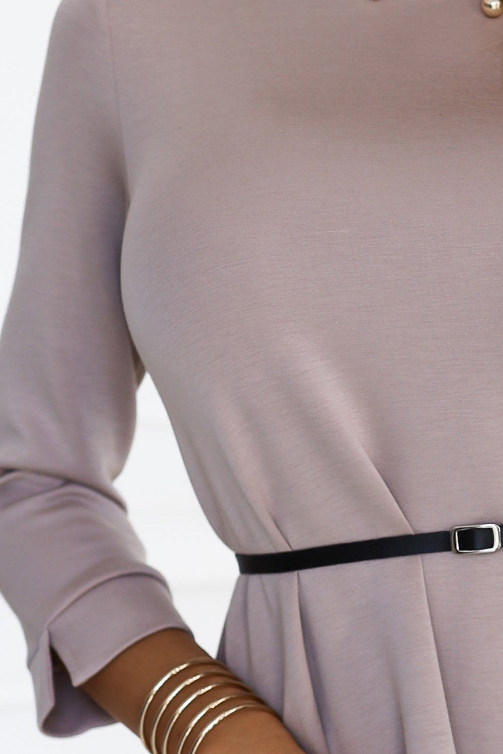 Numoco 579-1 Classic trapeze dress with black belt - beige