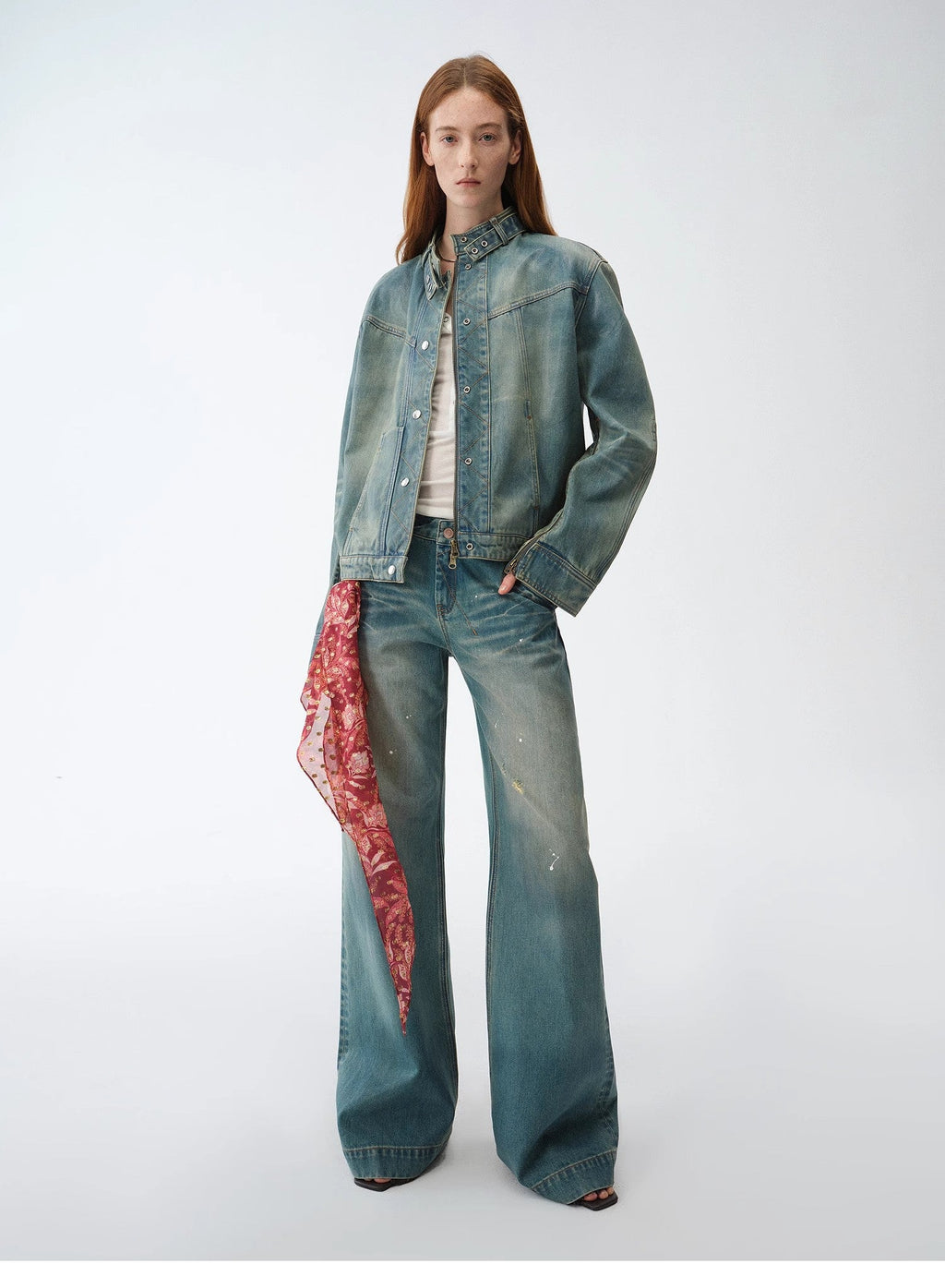 Pantaloni din denim de bumbac cu talie joasă, drepți și aspect uzat, „Climber”, pentru primăvară