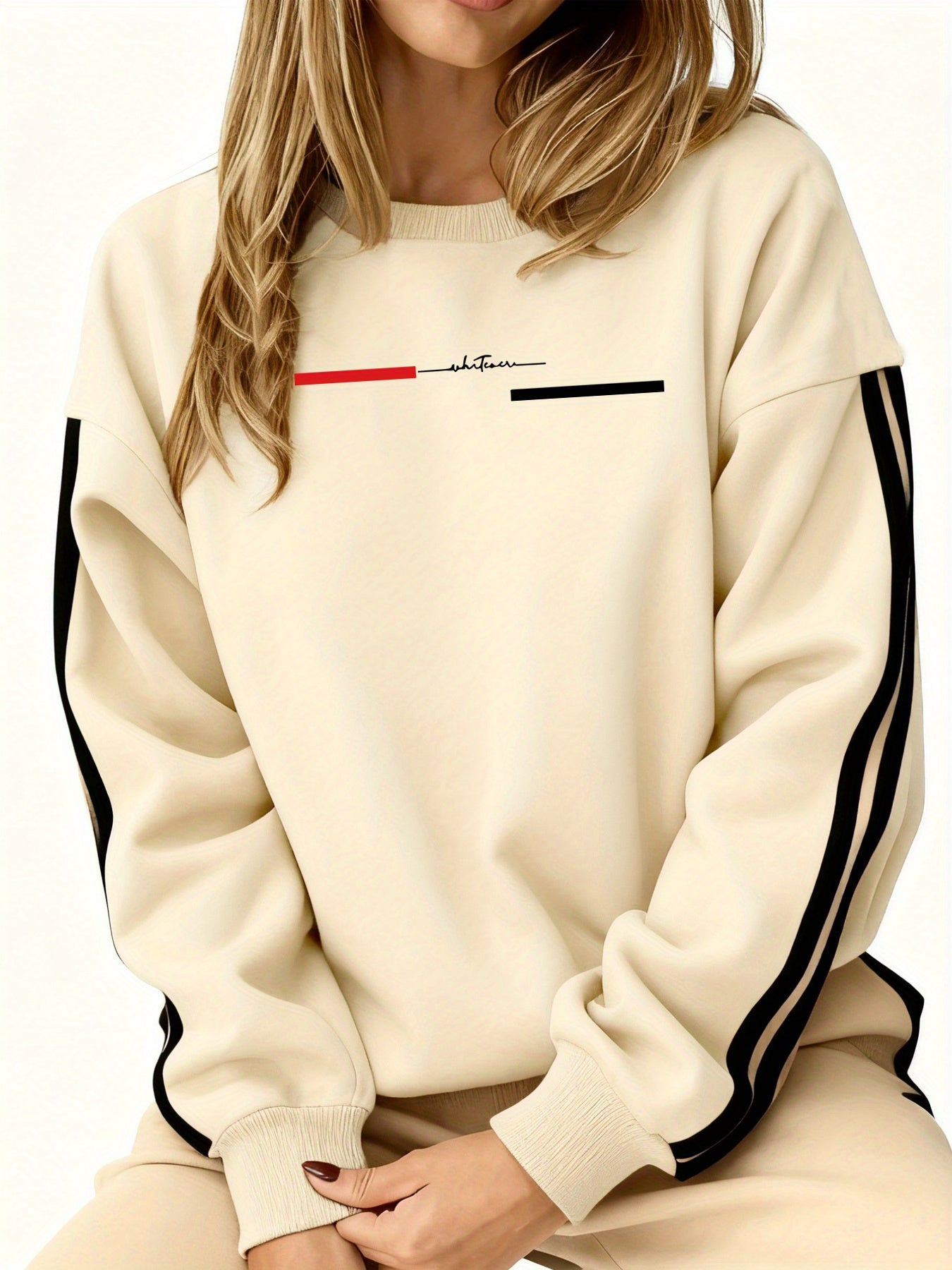 Comfortable and Versatile Women's Clothing, Casual Long-Sleeve Crewneck Sweatshirt with Fun Printed Patterns and Double Stripes, for Women