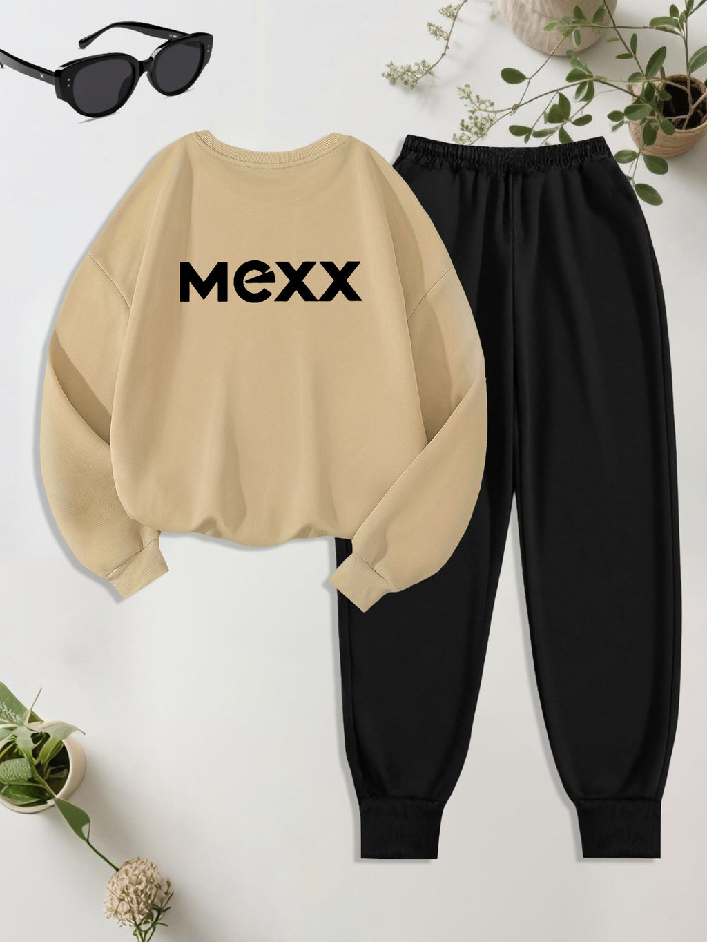 A Set of 2 Sets of Women'S Sports Crew Neck Sweatshirt And Trouser Set, MEXX Printed Pattern, Elegant Casual Sexy Style, Polyester Fabric Stretchy, Suitable for Spring, Summer, Autumn Daily Holiday Travel, Sports Fitness, Par