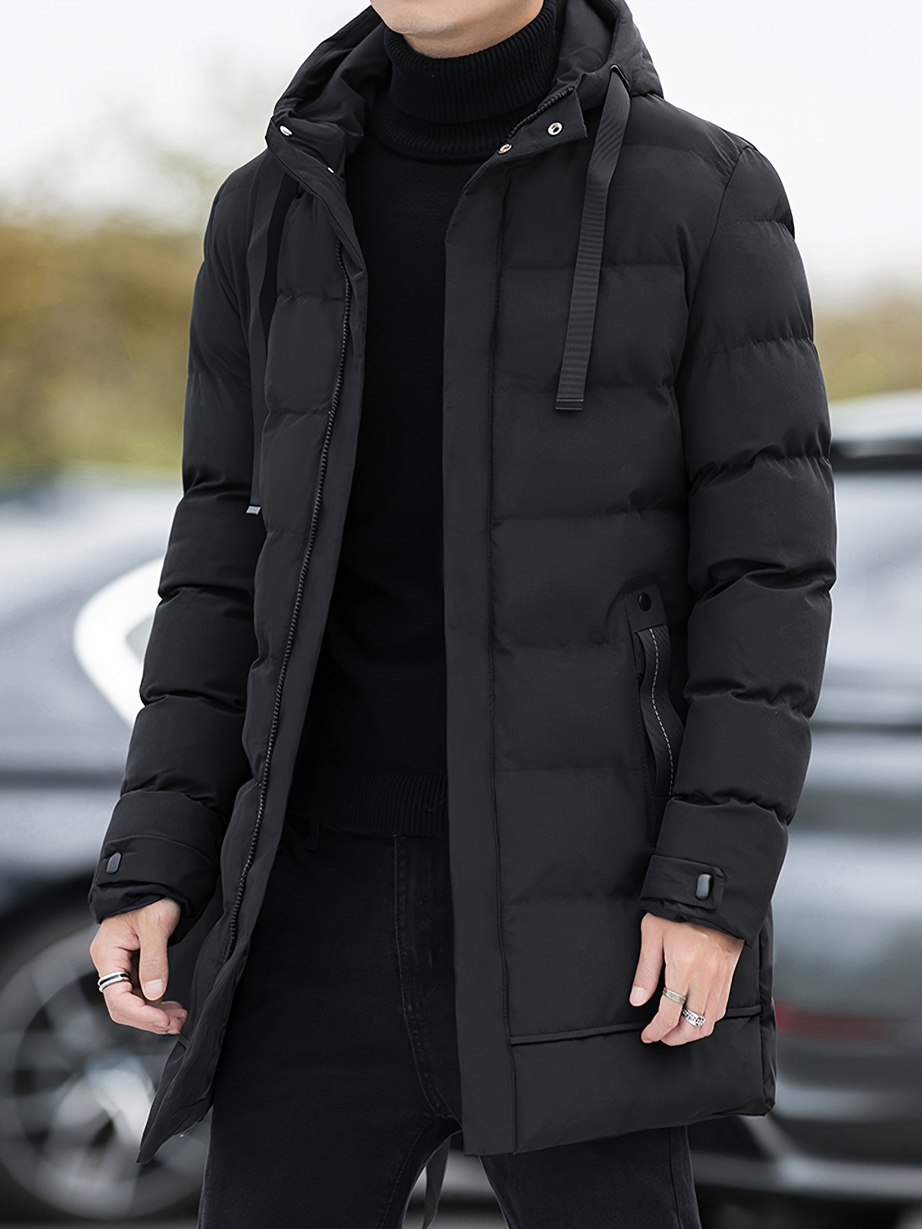Men's Winter Padded Jacket with Hood - Cold-Weather Coat, Machine Washable Soft Warm Outerwear, -Filled Casual for Everyday & Special Occasions (Solid Color, Pockets)