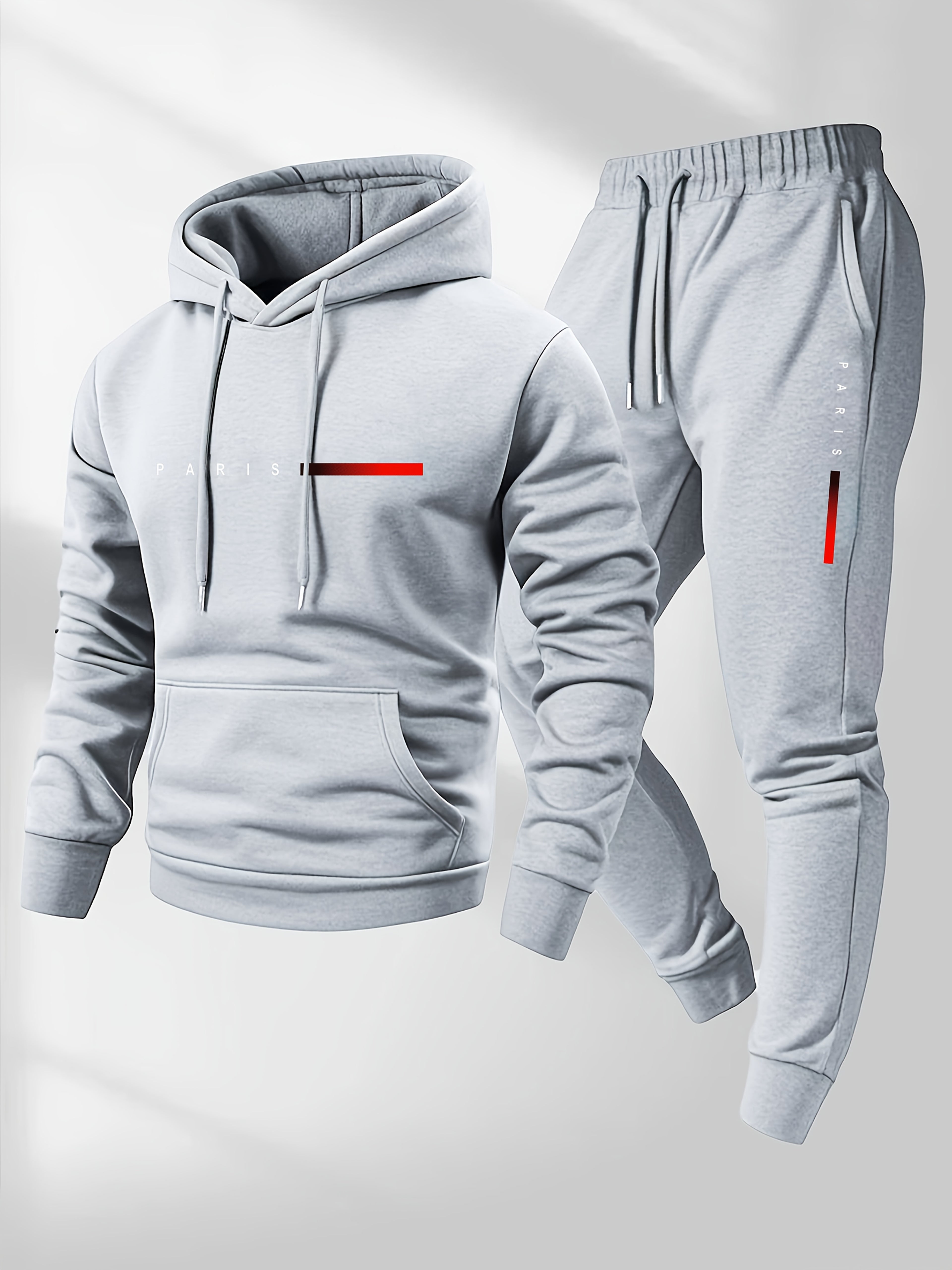 2pcs Men'S Casual Cartoon Paris Letter Drawstring Hoodie and Sports Trousers Set | Hooded, Loose Fit, Slight Stretch Fabric, Patterned for Fall/Winter