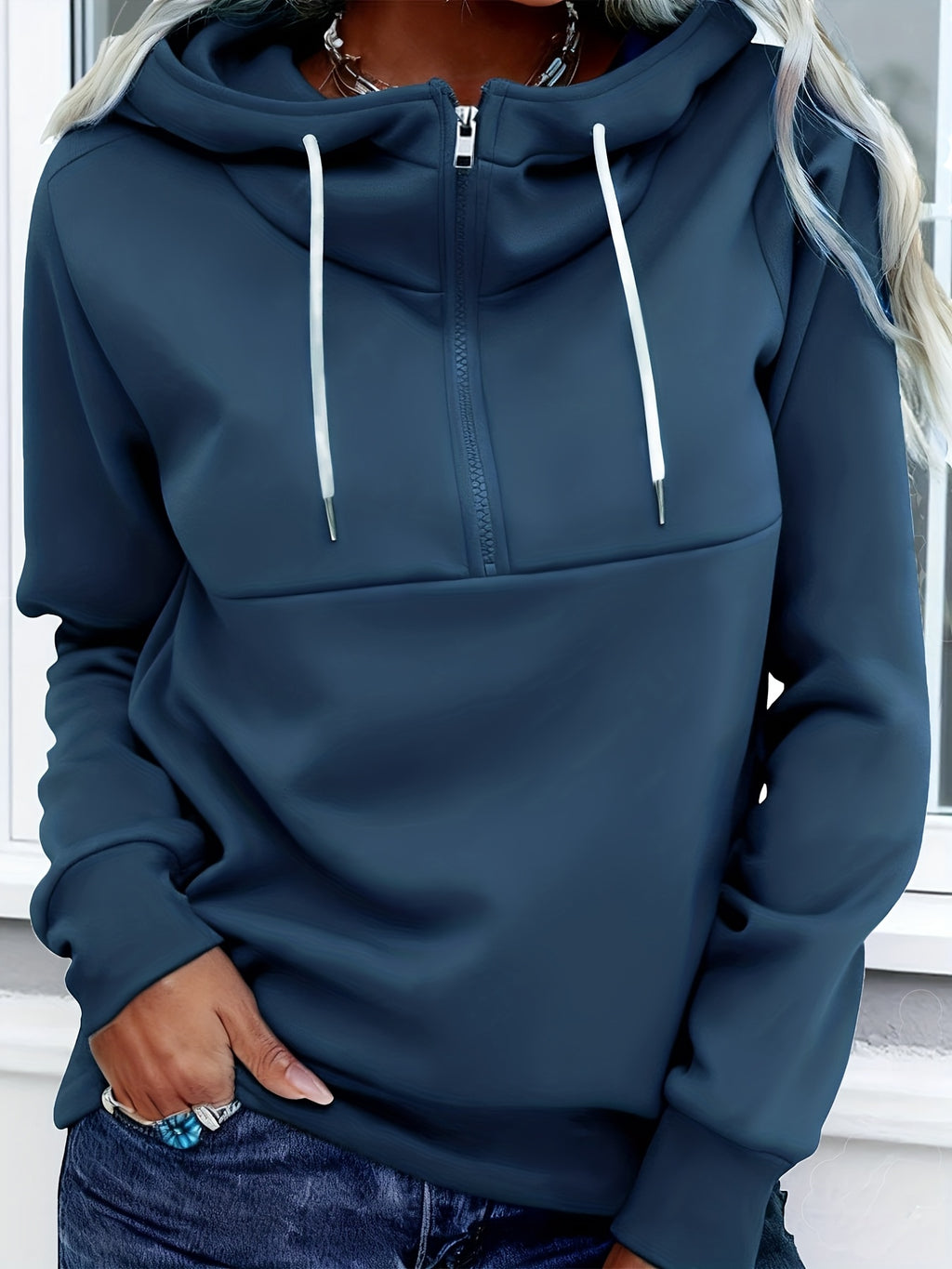 Women'S Heavyweight Winter Hooded Sweatshirt - Full-Zip Front Closure, Thick Warm Pullover with Full-Zip Hood & Full-Zip Front, Solid Navy /, Machine Washable Cold Weather Outerwear For Everyday & Formal Events, Winter Clothe