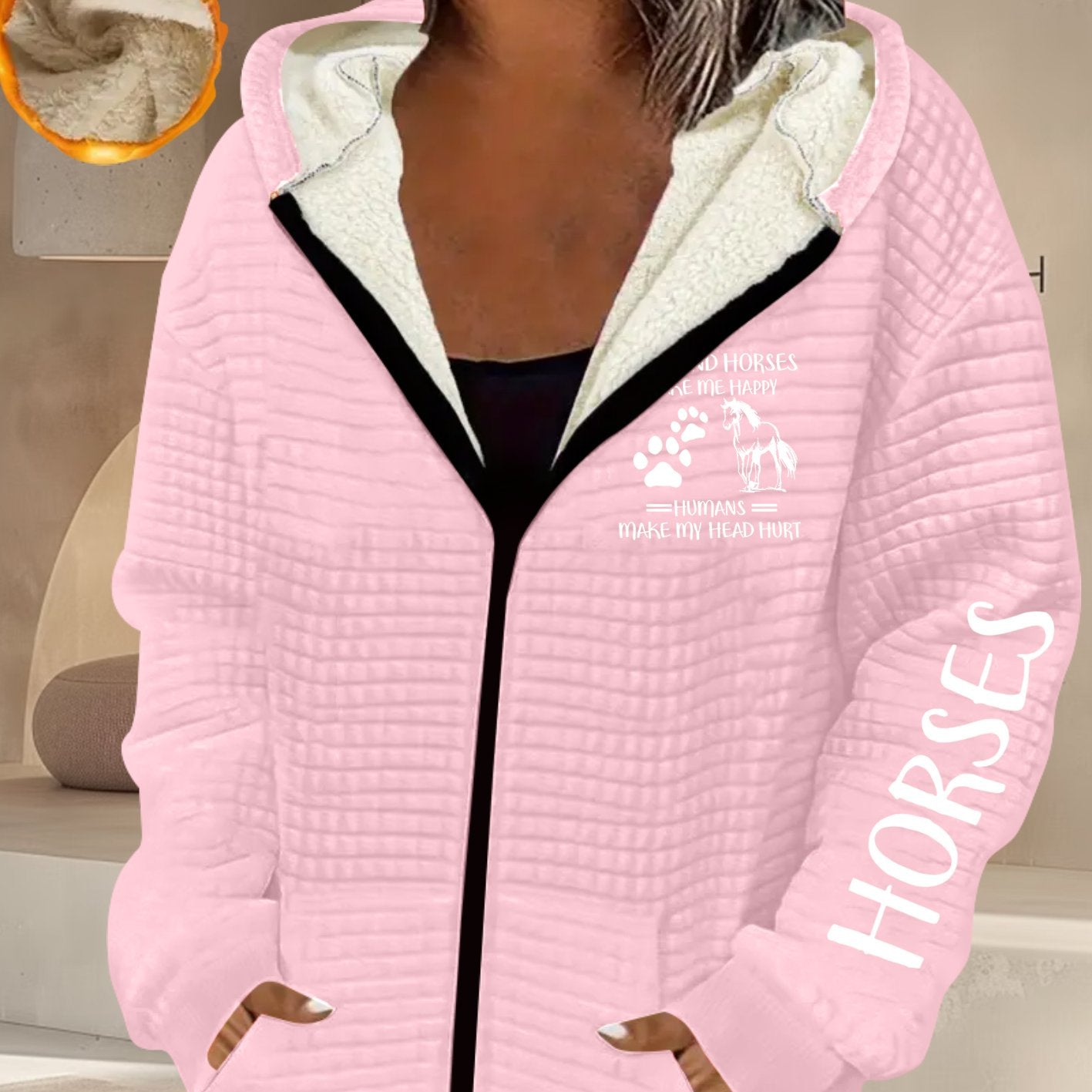 Women's Horse-Themed Hooded Jacket with Horse Racing & Jockey Print - Thick Winter Coat, Zippered Pockets, Machine Washable Polyester-Like Outerwear for Equestrian Events & Casual Wear (Grey/Black)