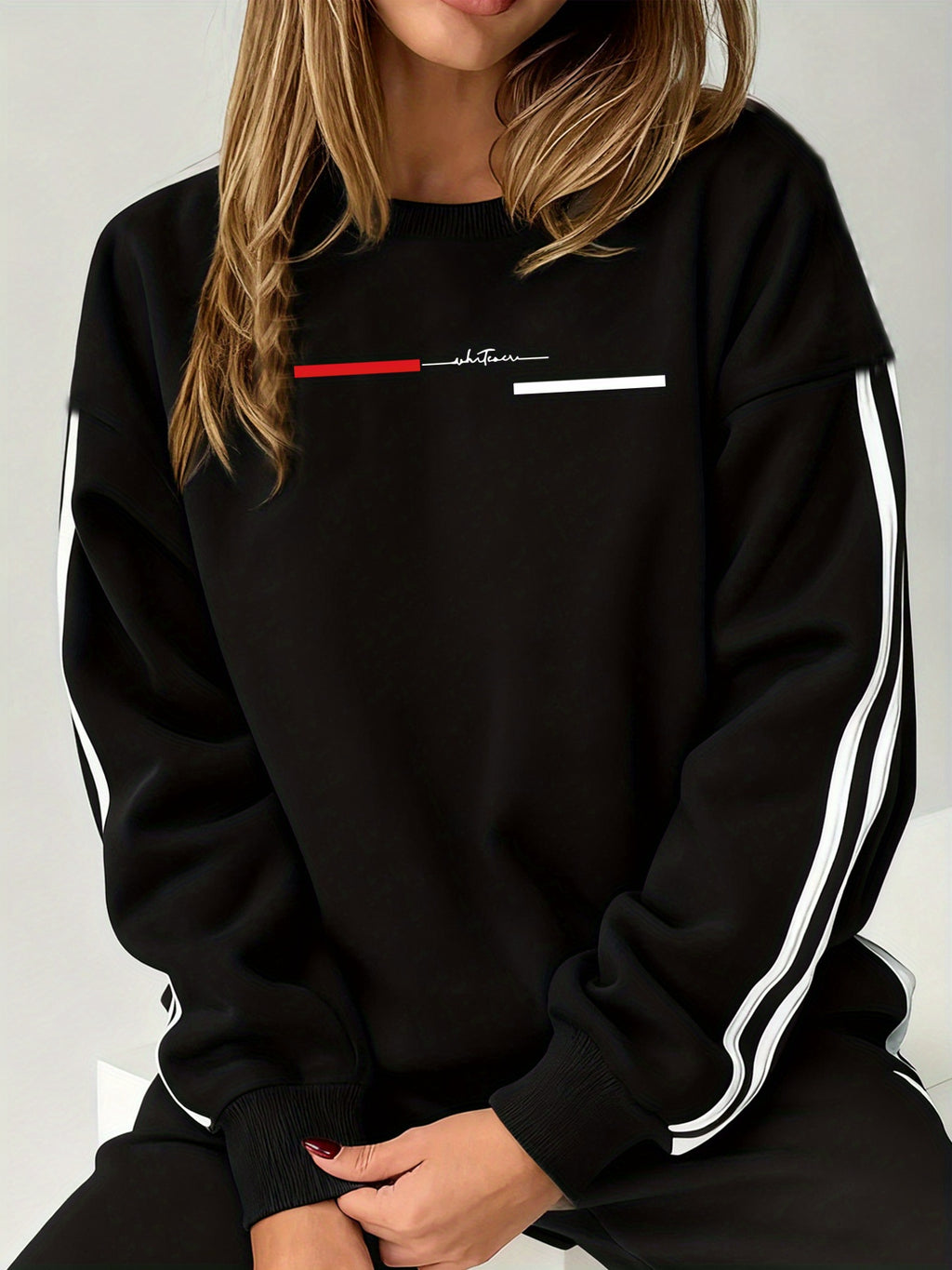 Comfortable and Versatile Women's Clothing, Casual Long-Sleeve Crewneck Sweatshirt with Fun Printed Patterns and Double Stripes, for Women