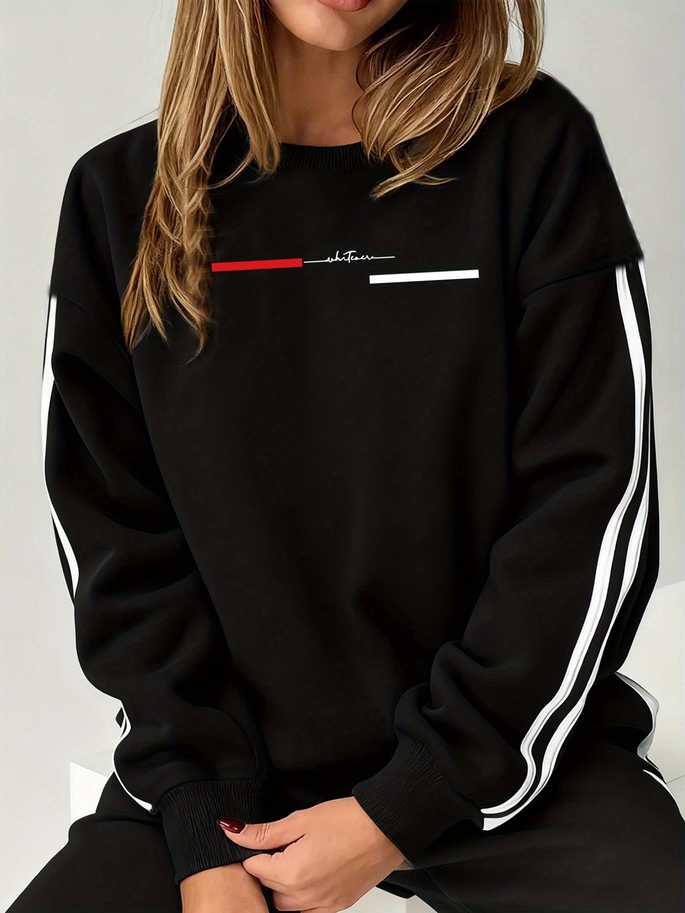 Comfortable and Versatile Women's Clothing, Casual Long-Sleeve Crewneck Sweatshirt with Fun Printed Patterns and Double Stripes, for Women