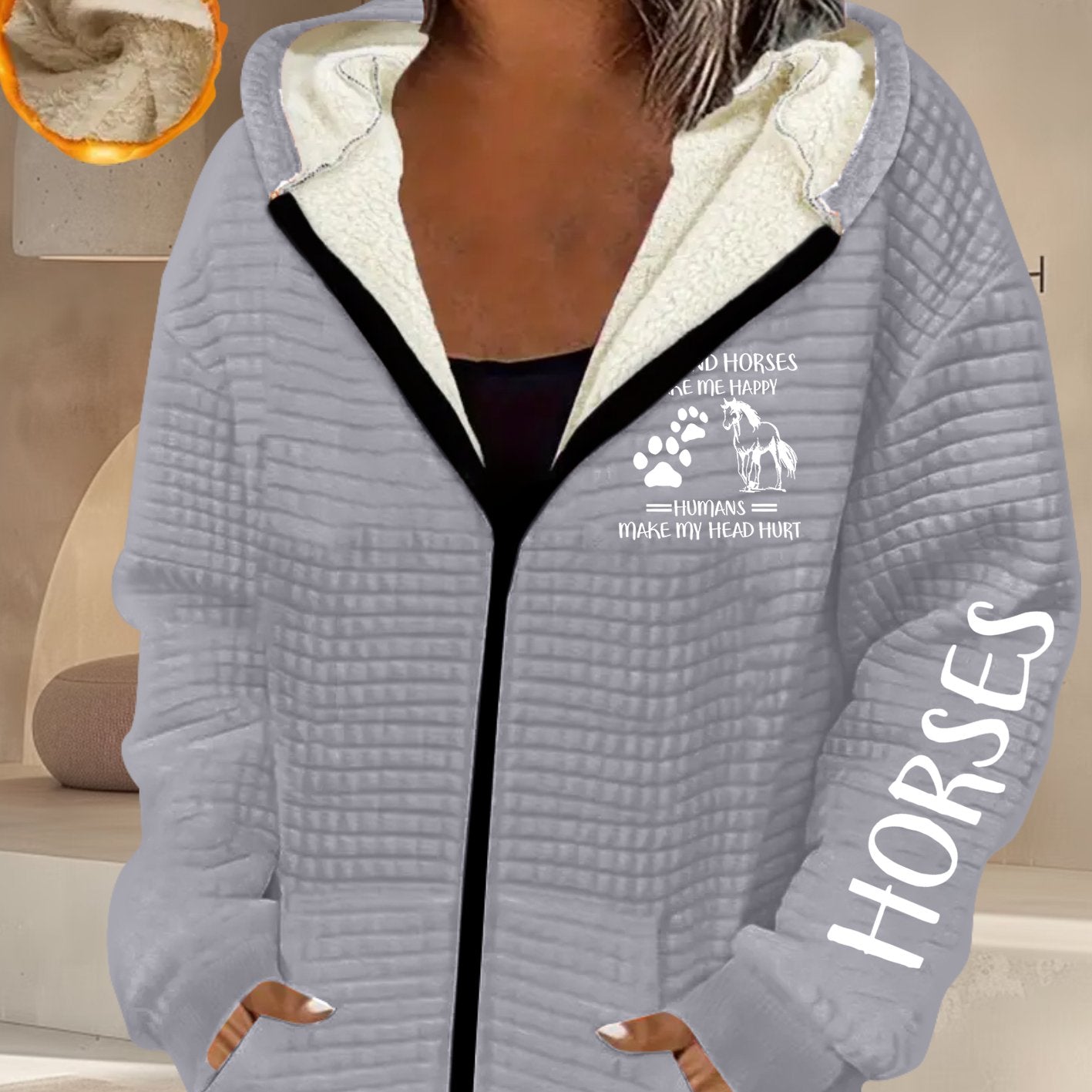 Women's Horse-Themed Hooded Jacket with Horse Racing & Jockey Print - Thick Winter Coat, Zippered Pockets, Machine Washable Polyester-Like Outerwear for Equestrian Events & Casual Wear (Grey/Black)