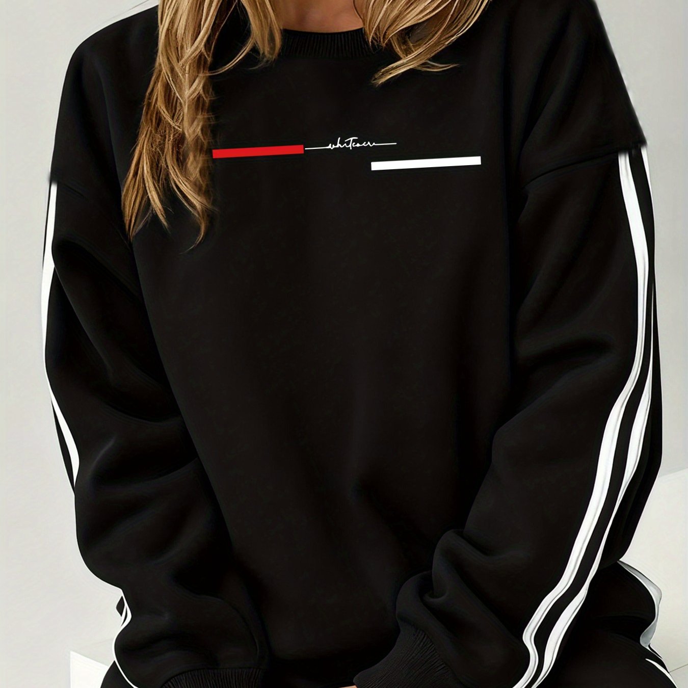 Comfortable and Versatile Women's Clothing, Casual Long-Sleeve Crewneck Sweatshirt with Fun Printed Patterns and Double Stripes, for Women