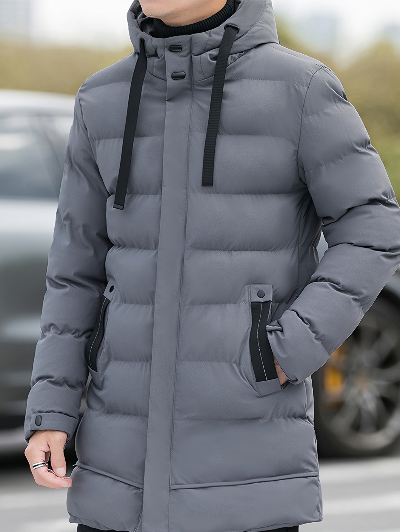 Men's Winter Padded Jacket with Hood - Cold-Weather Coat, Machine Washable Soft Warm Outerwear, -Filled Casual for Everyday & Special Occasions (Solid Color, Pockets)