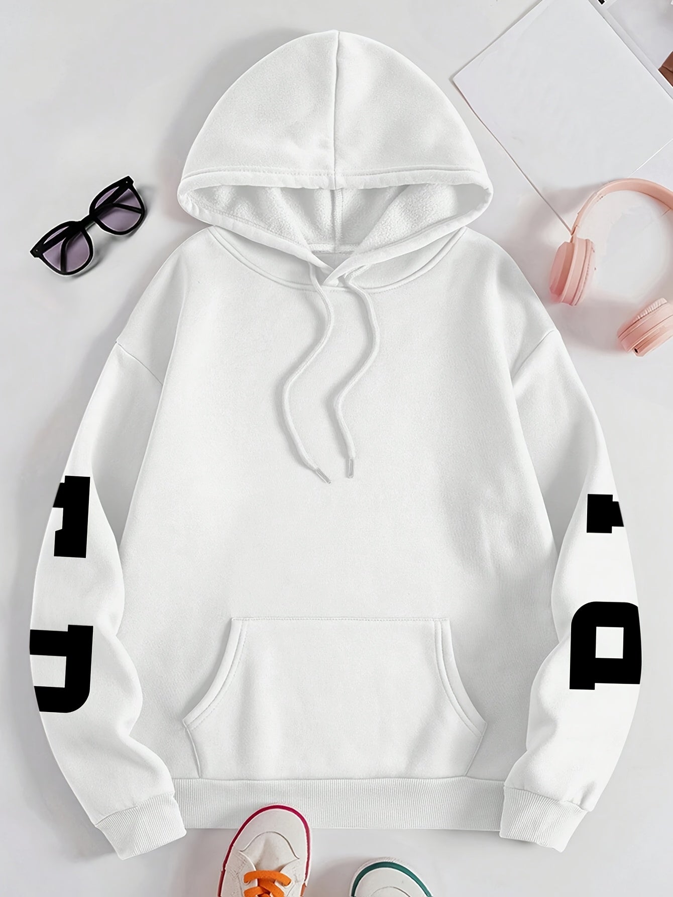 Plus Size Women's BLESSED Print Hoodie ,Machine Washable Fall Winter Casual Pullover