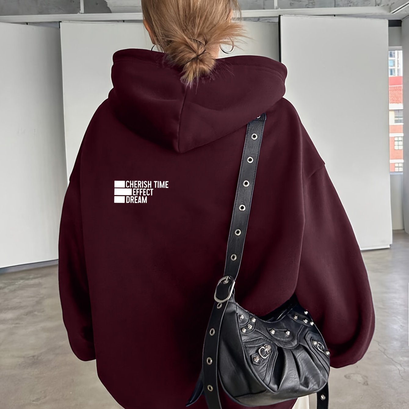 Women'S Light Grey Hooded Sweatshirt with Black Geometric Letter Print - Casual Long Sleeve Pullover, Relaxed Fit, All-Season Versatile Top for Casual Attire, Comfortable Clothing | Hooded Pullover | Structured Design