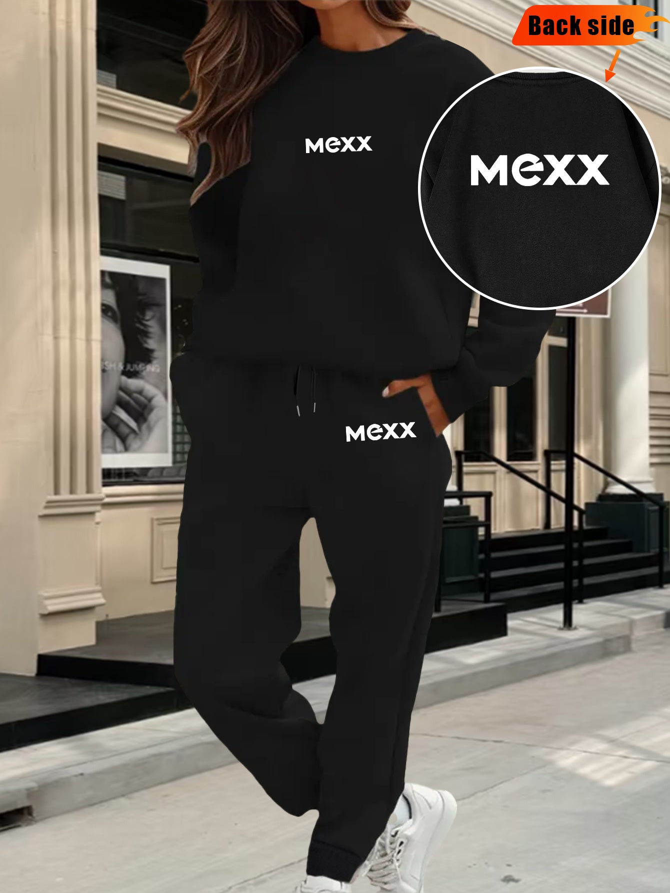 A Set of 2 Sets of Women'S Sports Crew Neck Sweatshirt And Trouser Set, MEXX Printed Pattern, Elegant Casual Sexy Style, Polyester Fabric Stretchy, Suitable for Spring, Summer, Autumn Daily Holiday Travel, Sports Fitness, Par