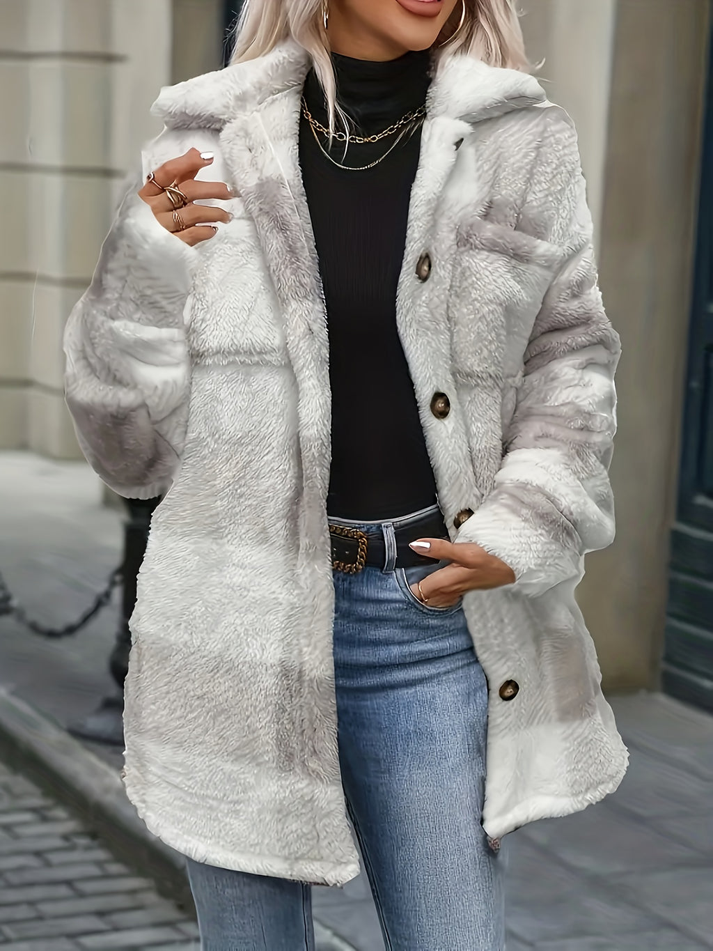 Women's Coat, Elegant Fashionable Jacket for Ladies, Black and White Checkered Drop Shoulder Teddy Bear Plush Women