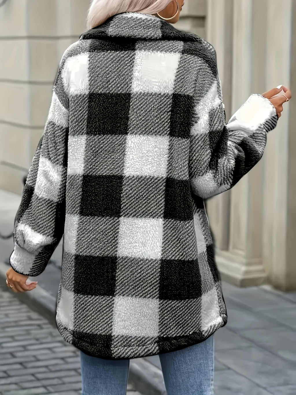 Women's Coat, Elegant Fashionable Jacket for Ladies, Black and White Checkered Drop Shoulder Teddy Bear Plush Women