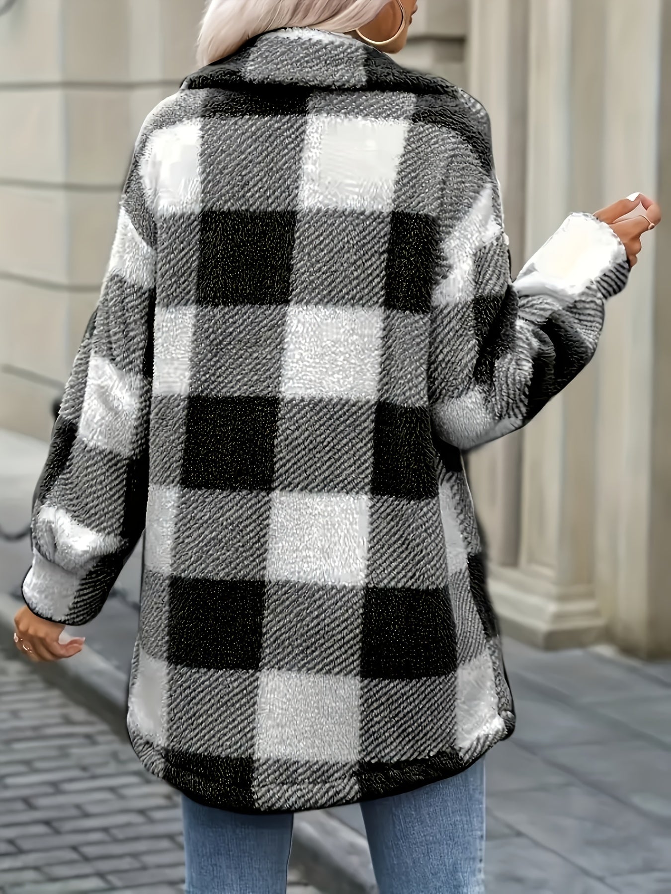 Women's Coat, Elegant Fashionable Jacket for Ladies, Black and White Checkered Drop Shoulder Teddy Bear Plush Women