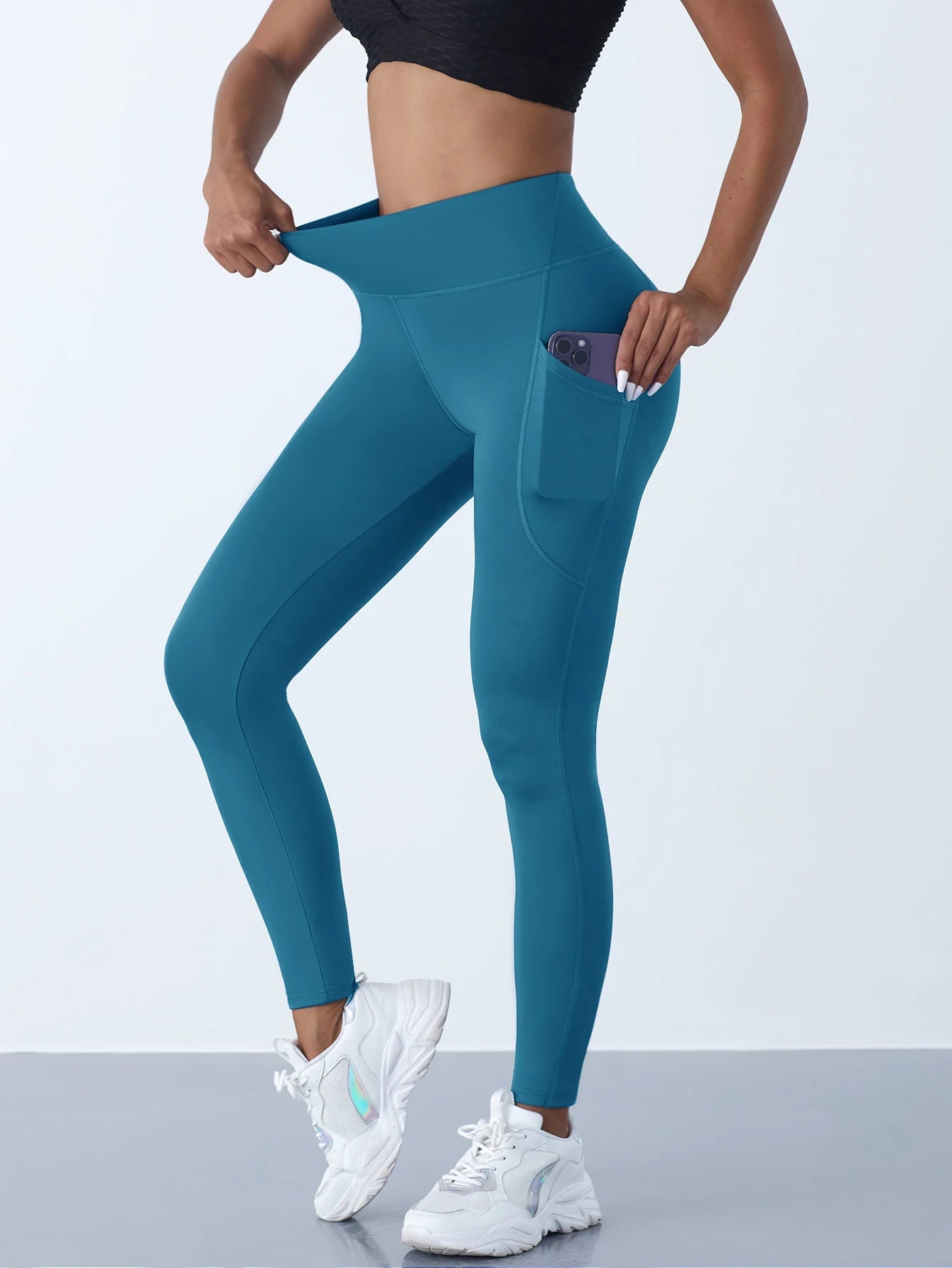Solid Color Side Pockets Leggings For Women High Waist Sportswear Cycle Yoga Pants Push Up Fitness Leggings