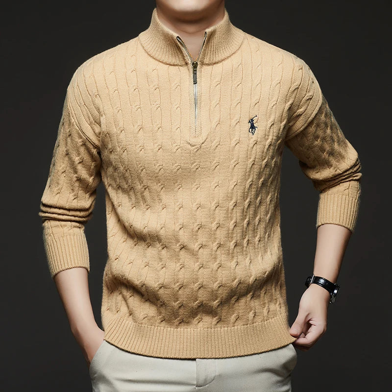 Autumn and Winter New Men's Small Horse Logo Trendy Fashion Half Zipper Autumn and Winter Top Long Sleeved Plaid Sweater Jacket