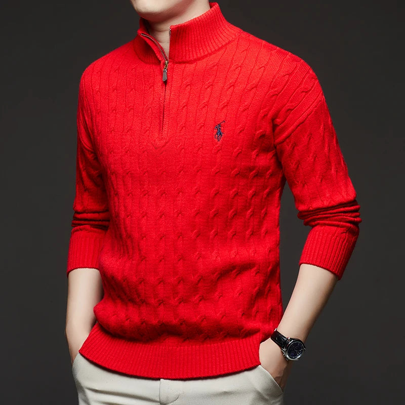 Autumn and Winter New Men's Small Horse Logo Trendy Fashion Half Zipper Autumn and Winter Top Long Sleeved Plaid Sweater Jacket