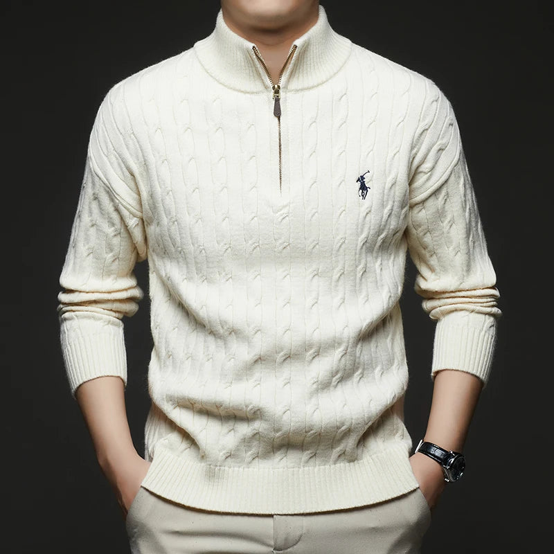 Autumn and Winter New Men's Small Horse Logo Trendy Fashion Half Zipper Autumn and Winter Top Long Sleeved Plaid Sweater Jacket