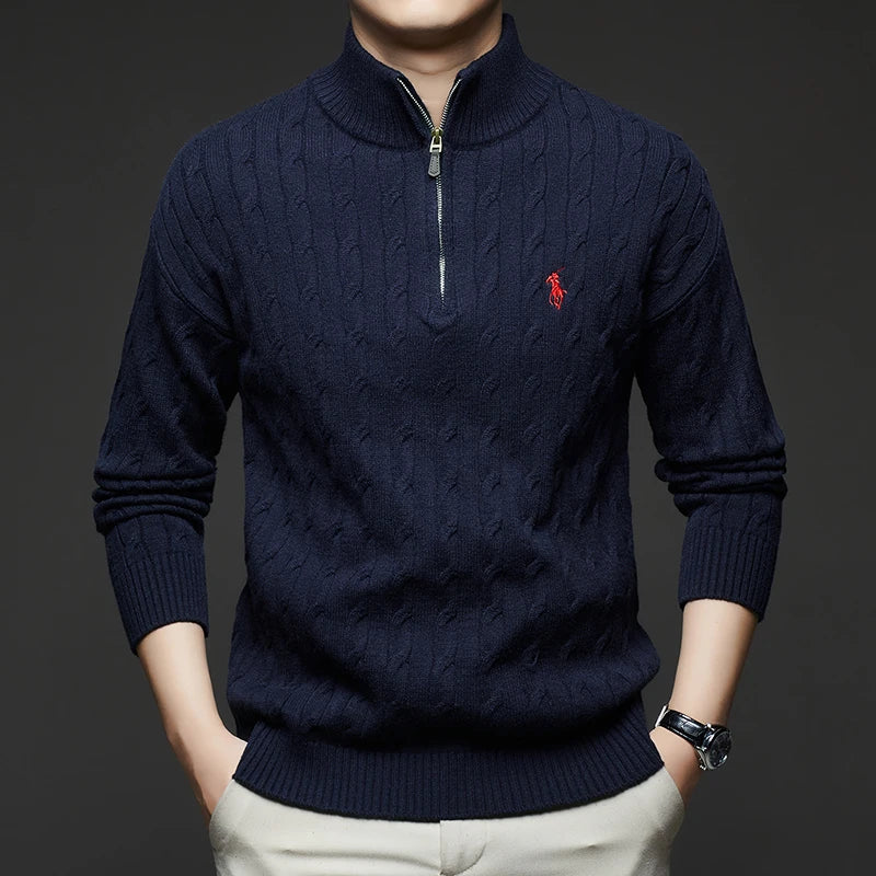 Autumn and Winter New Men's Small Horse Logo Trendy Fashion Half Zipper Autumn and Winter Top Long Sleeved Plaid Sweater Jacket