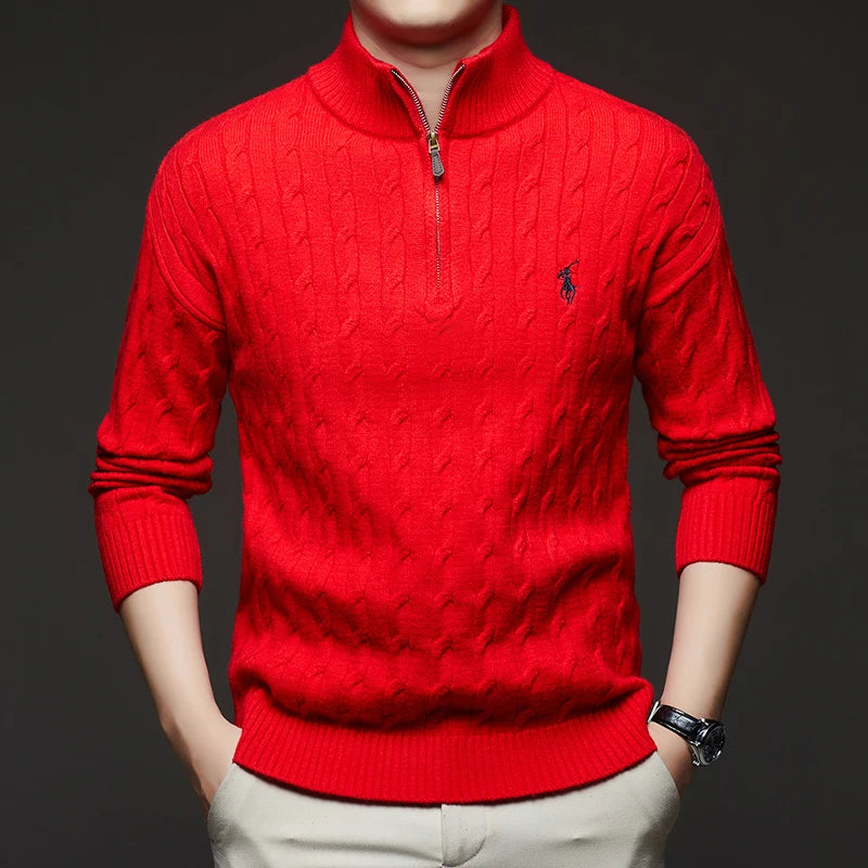 Autumn and Winter New Men's Small Horse Logo Trendy Fashion Half Zipper Autumn and Winter Top Long Sleeved Plaid Sweater Jacket