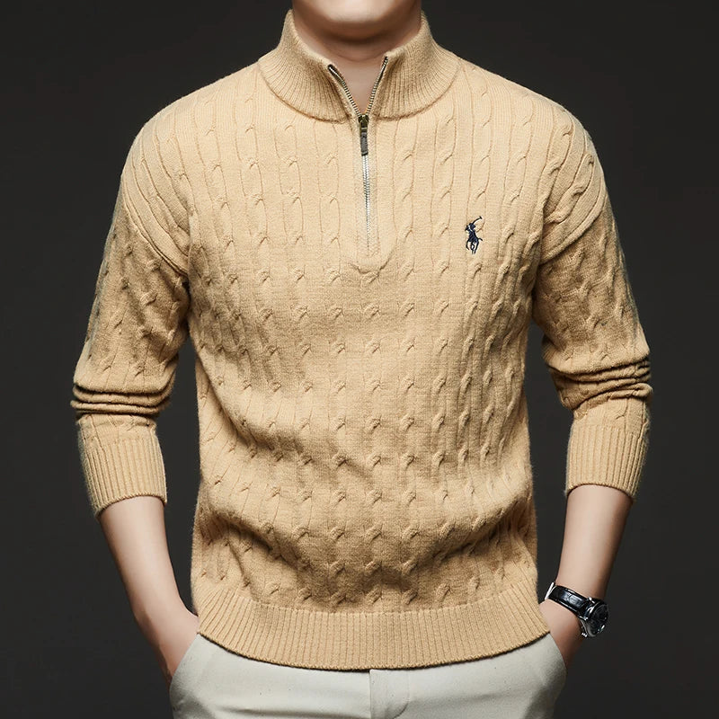 Autumn and Winter New Men's Small Horse Logo Trendy Fashion Half Zipper Autumn and Winter Top Long Sleeved Plaid Sweater Jacket