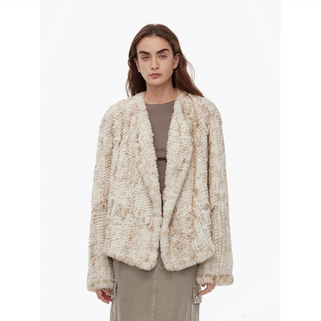 "Inspiration Glimpse" lapel double-breasted loose woven Rex rabbit fur coat for women in winter
