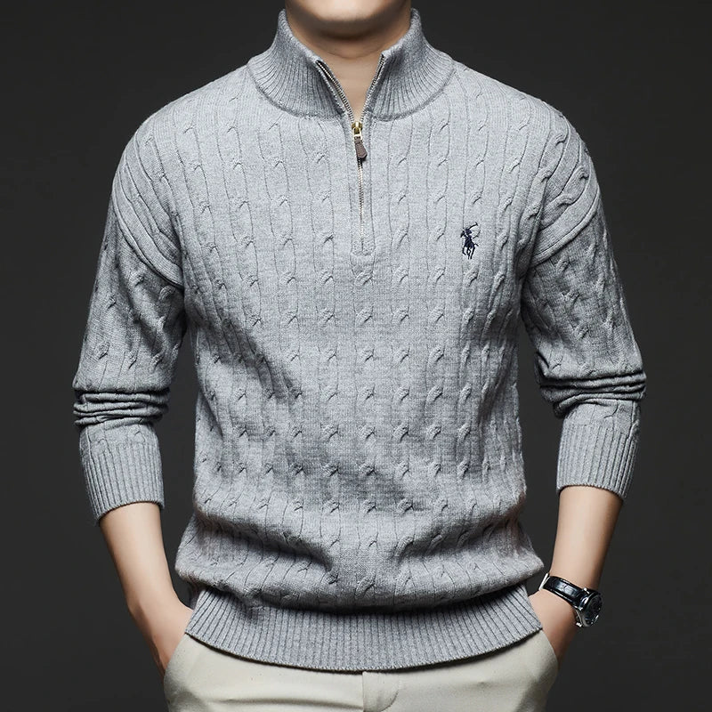 Autumn and Winter New Men's Small Horse Logo Trendy Fashion Half Zipper Autumn and Winter Top Long Sleeved Plaid Sweater Jacket