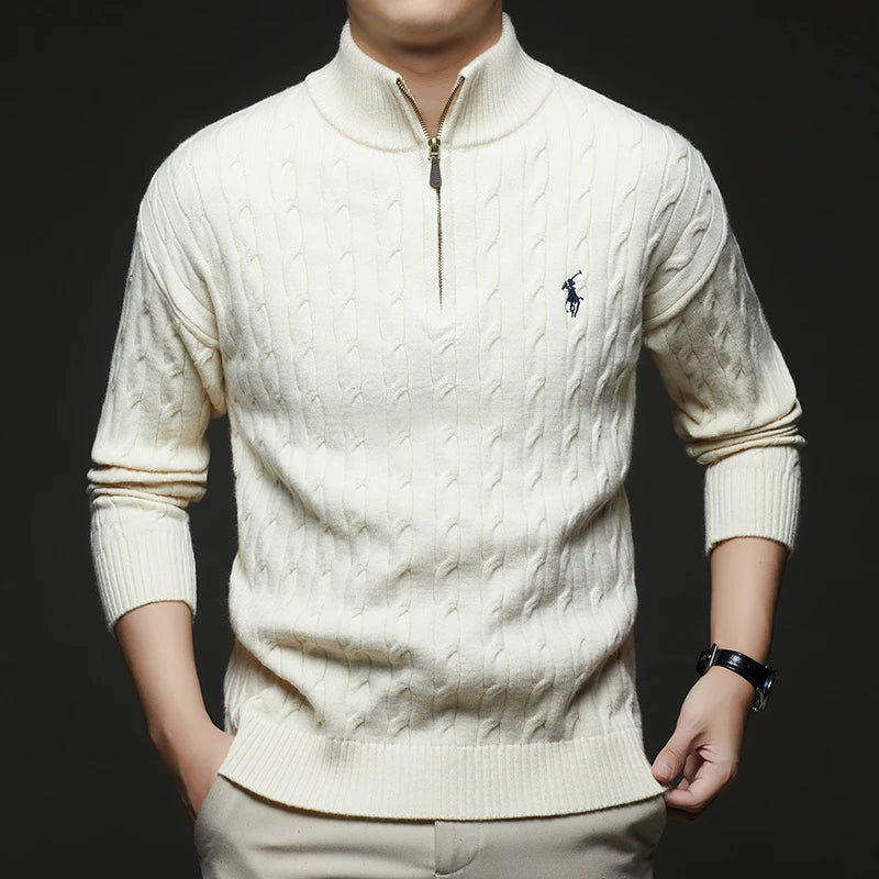 Autumn and Winter New Men's Small Horse Logo Trendy Fashion Half Zipper Autumn and Winter Top Long Sleeved Plaid Sweater Jacket